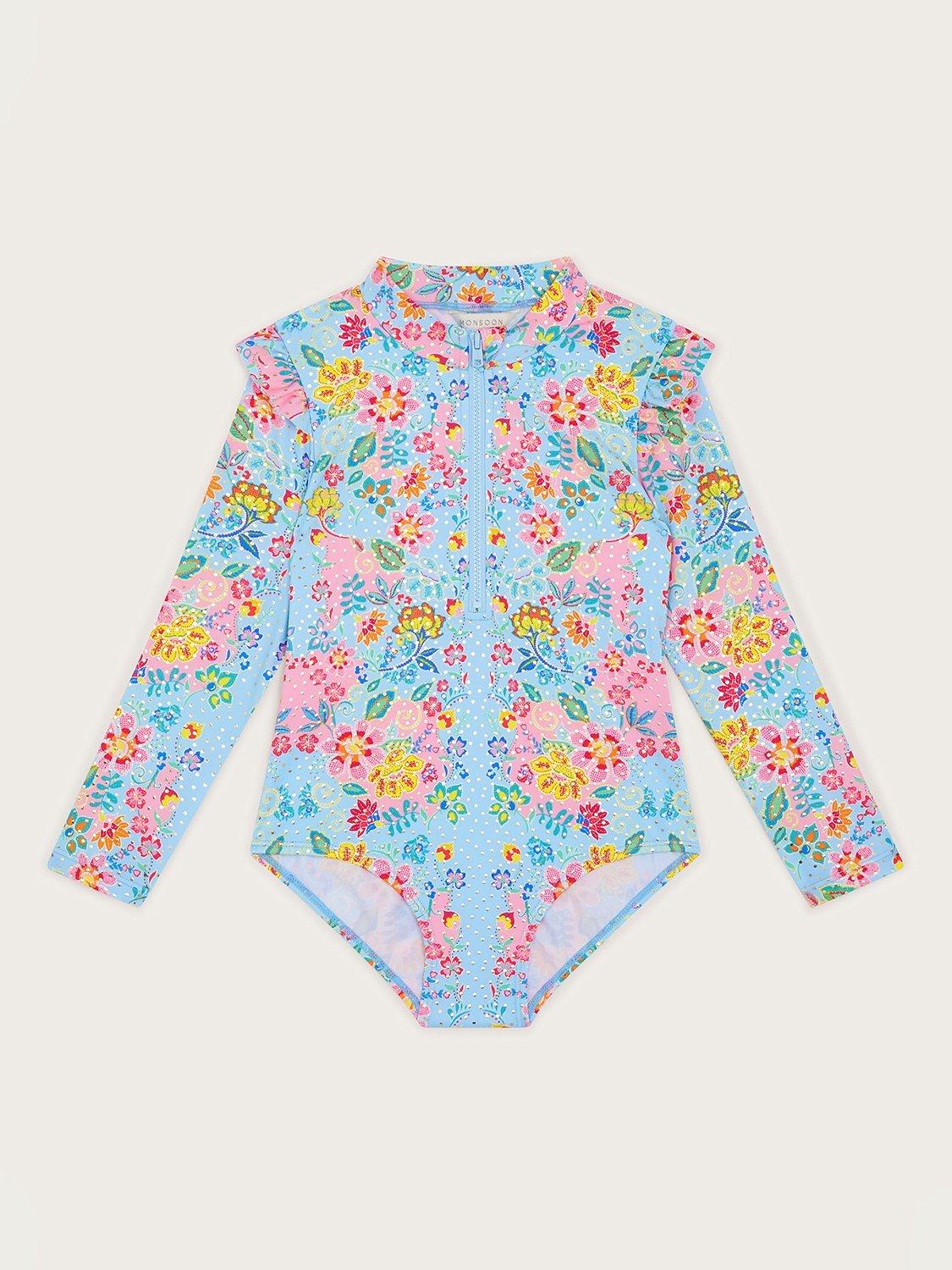 Product image 2 of 3, which shows Monsoon Kids' Foil Floral Frill UPF50 Long Sleeve Swimsuit, Blue, 3-4 years