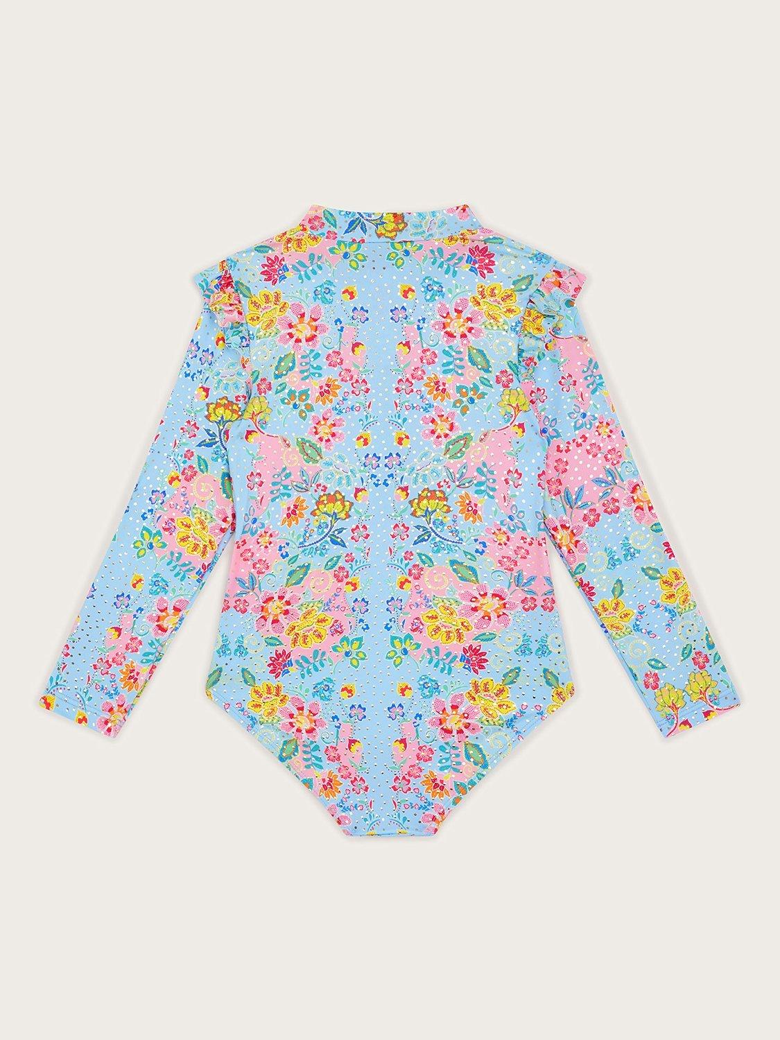 Product image 3 of 3, which shows Monsoon Kids' Foil Floral Frill UPF50 Long Sleeve Swimsuit, Blue, 3-4 years