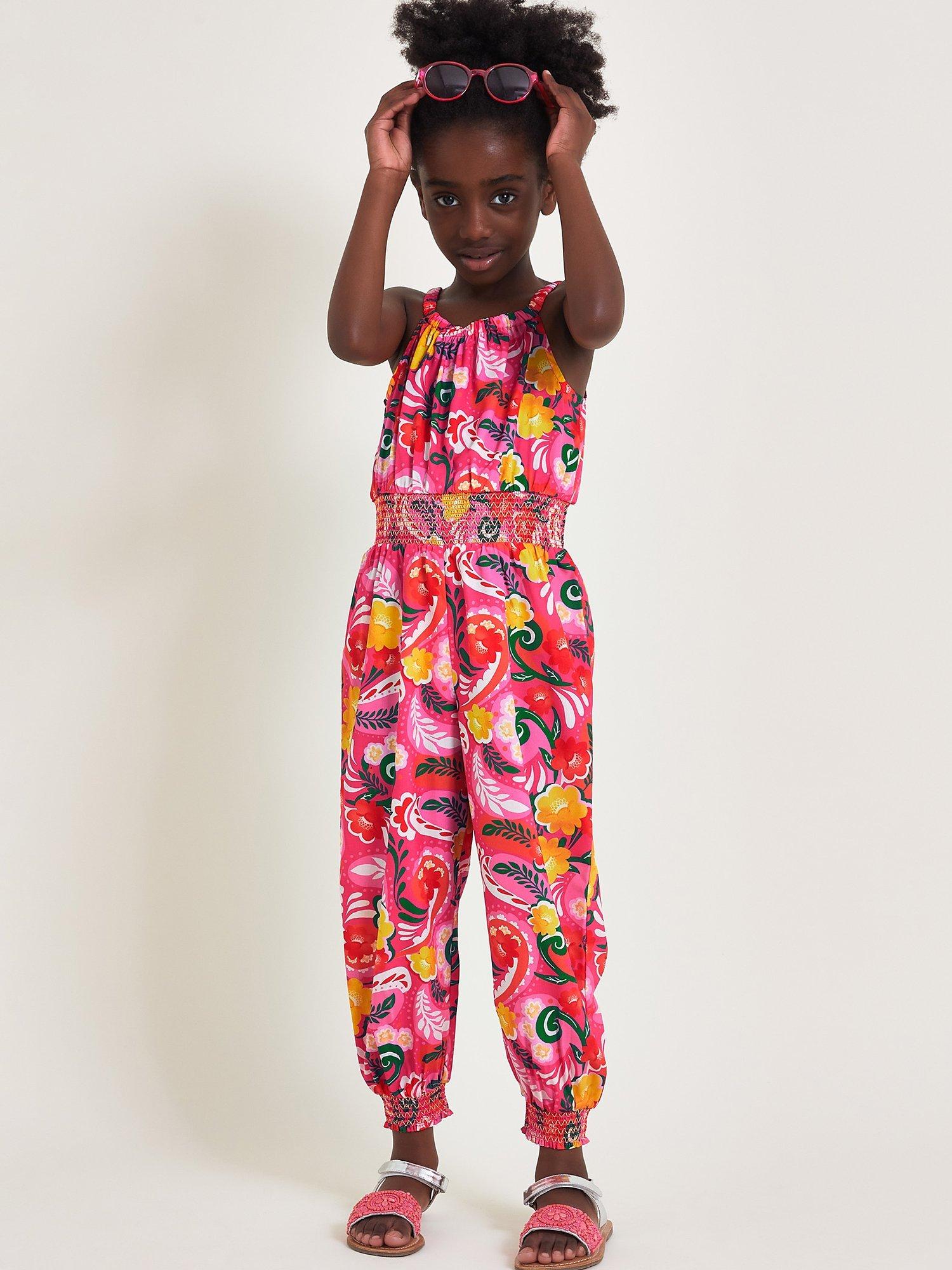 Monsoon Kids Floral Swirl Shirred Jumpsuit Pink