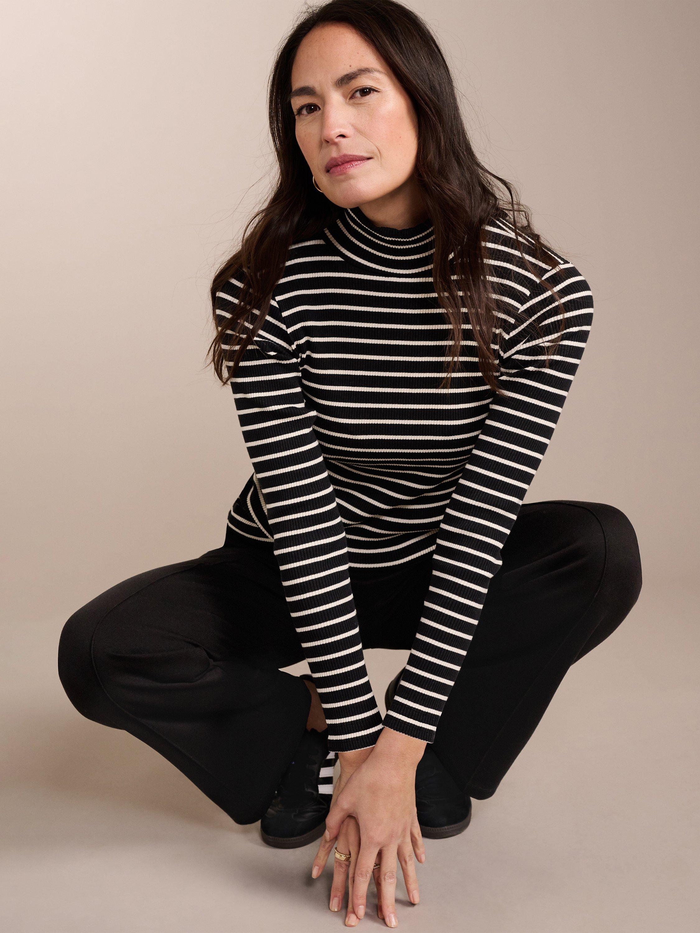 Baukjen Vera Organic Cotton Stripe Funnel Neck Top, Black/White