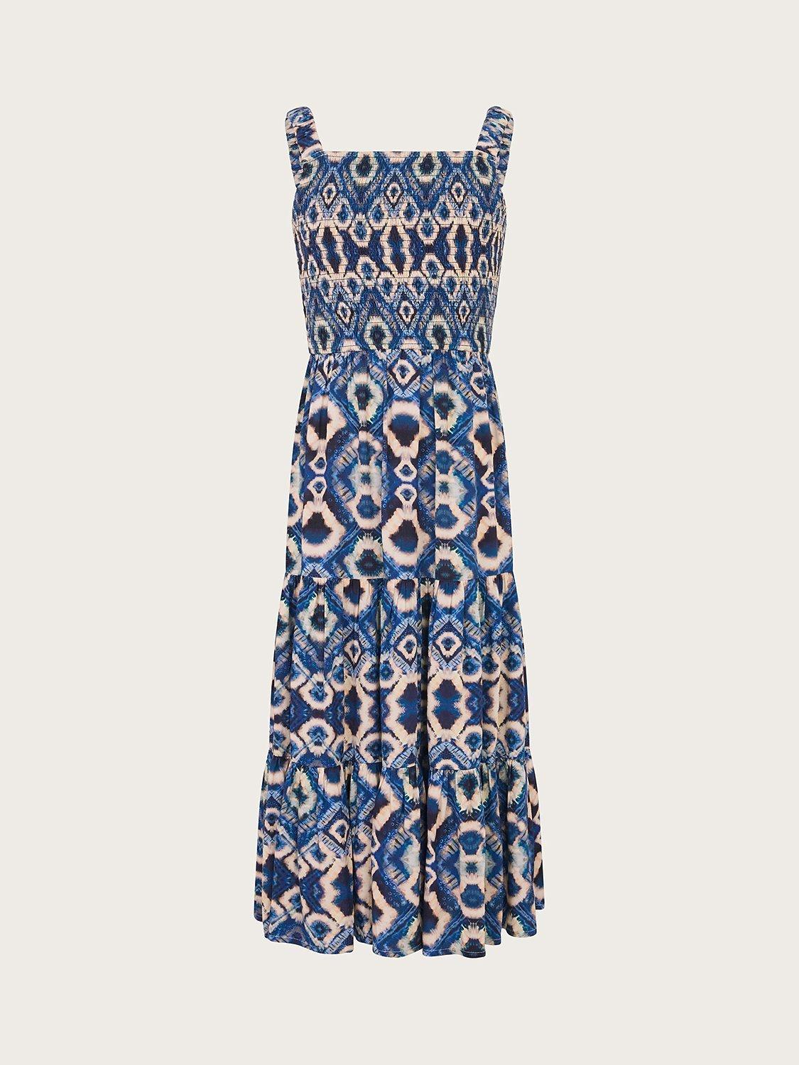 Monsoon Kids' Storm Batik Shirred Tiered Maxi Dress, Blue