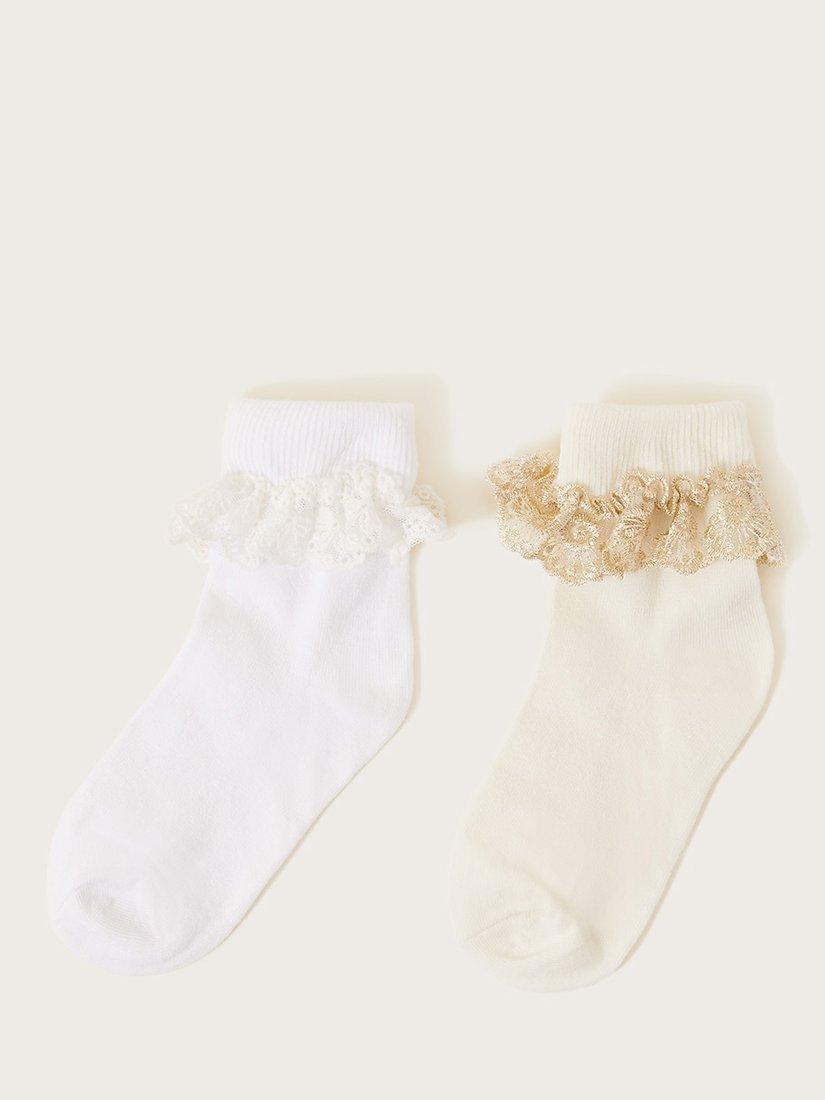 Monsoon Kids' Lace Frill Top Ankle Socks, Pack Of 2, Ivory/White