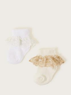 Monsoon Baby Lace Frill Top Ankle Socks, Pack Of 2, Ivory/White, Ivory/White