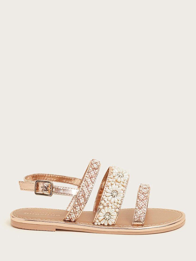 Monsoon Kids' Pearly Beaded Flower Sandals, Rose Gold