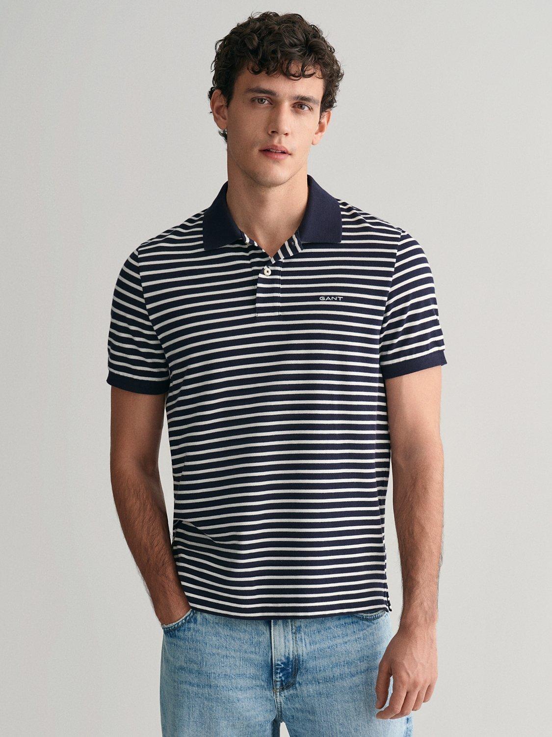 GANT Striped Short Sleeve Pique Polo Shirt, Blue/White