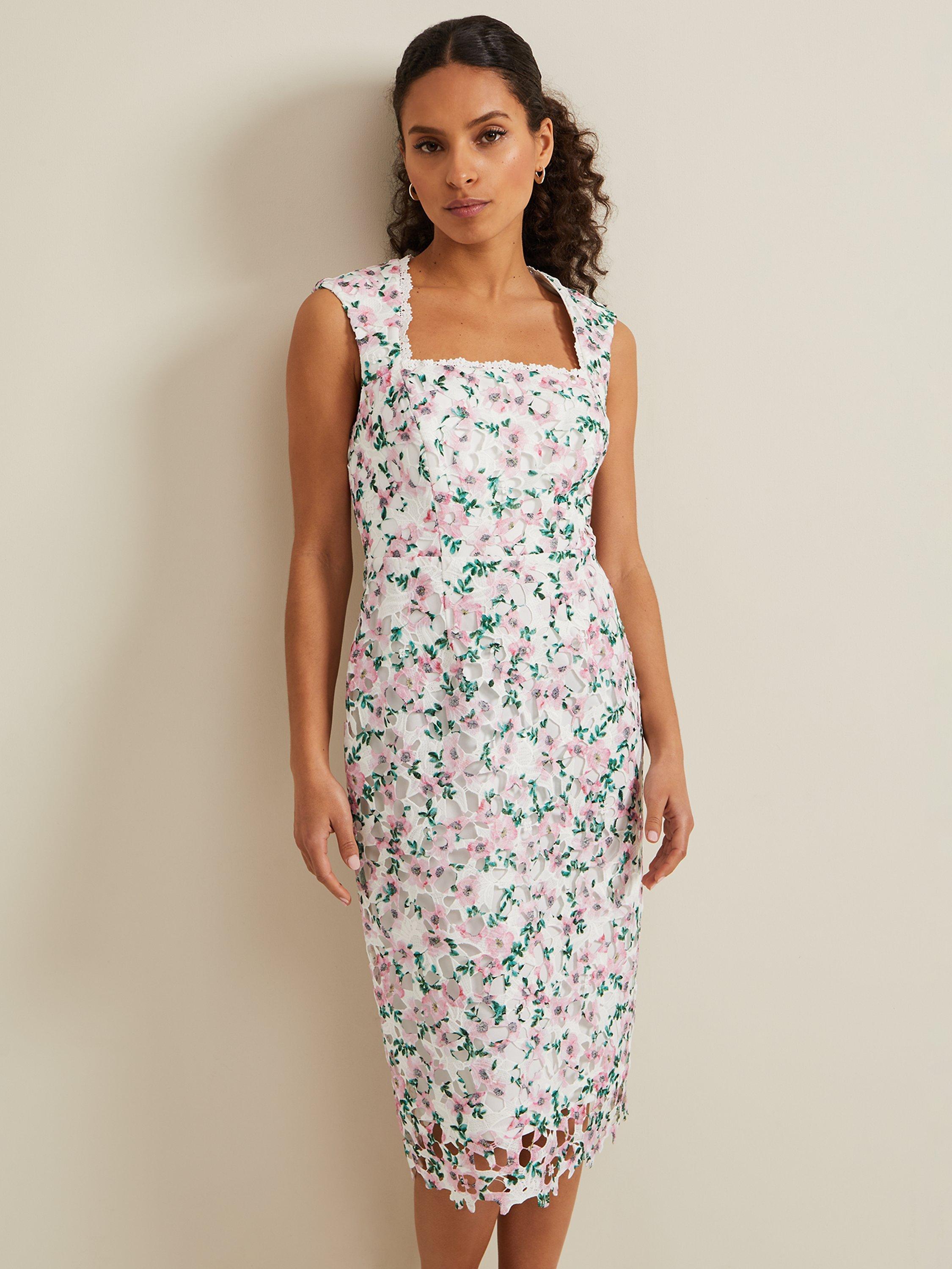 Phase Eight Petite Diana Floral Lace Midi Dress, White/Multi