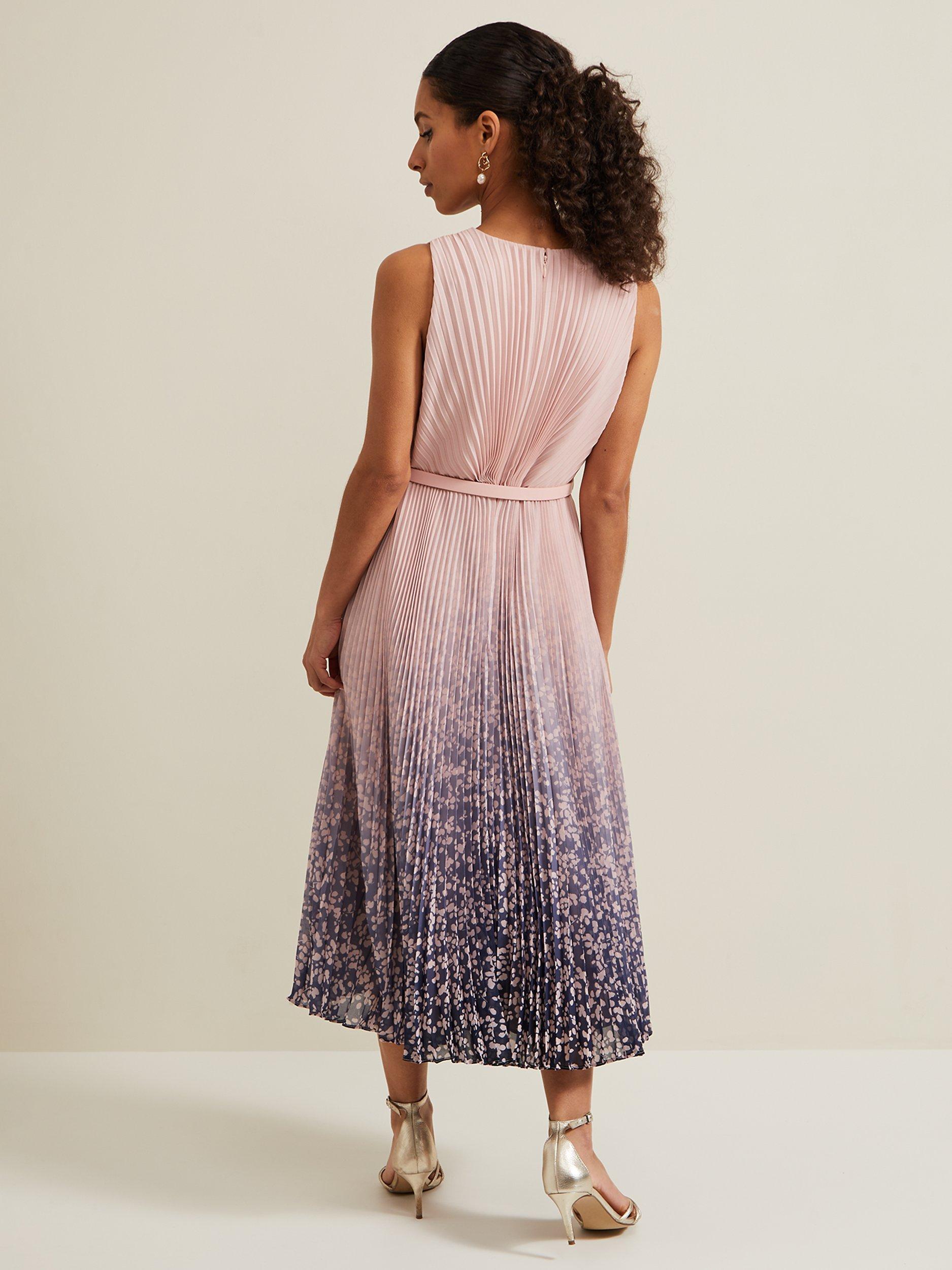 Product image 2 of 7, which shows Phase Eight Petite Simara Pleated Midi Dress, Pink Ombre, 18