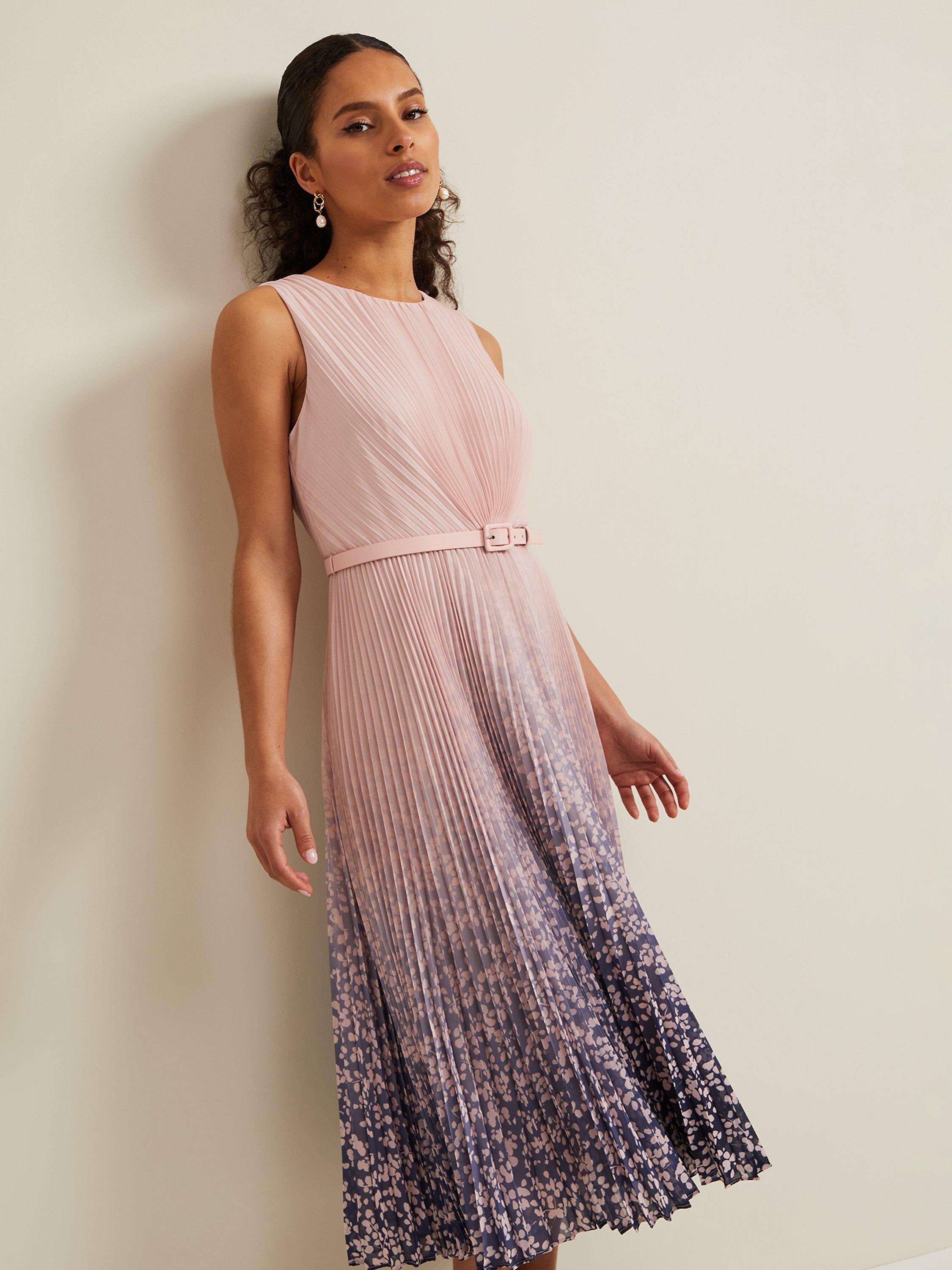 Product image 3 of 7, which shows Phase Eight Petite Simara Pleated Midi Dress, Pink Ombre, 18