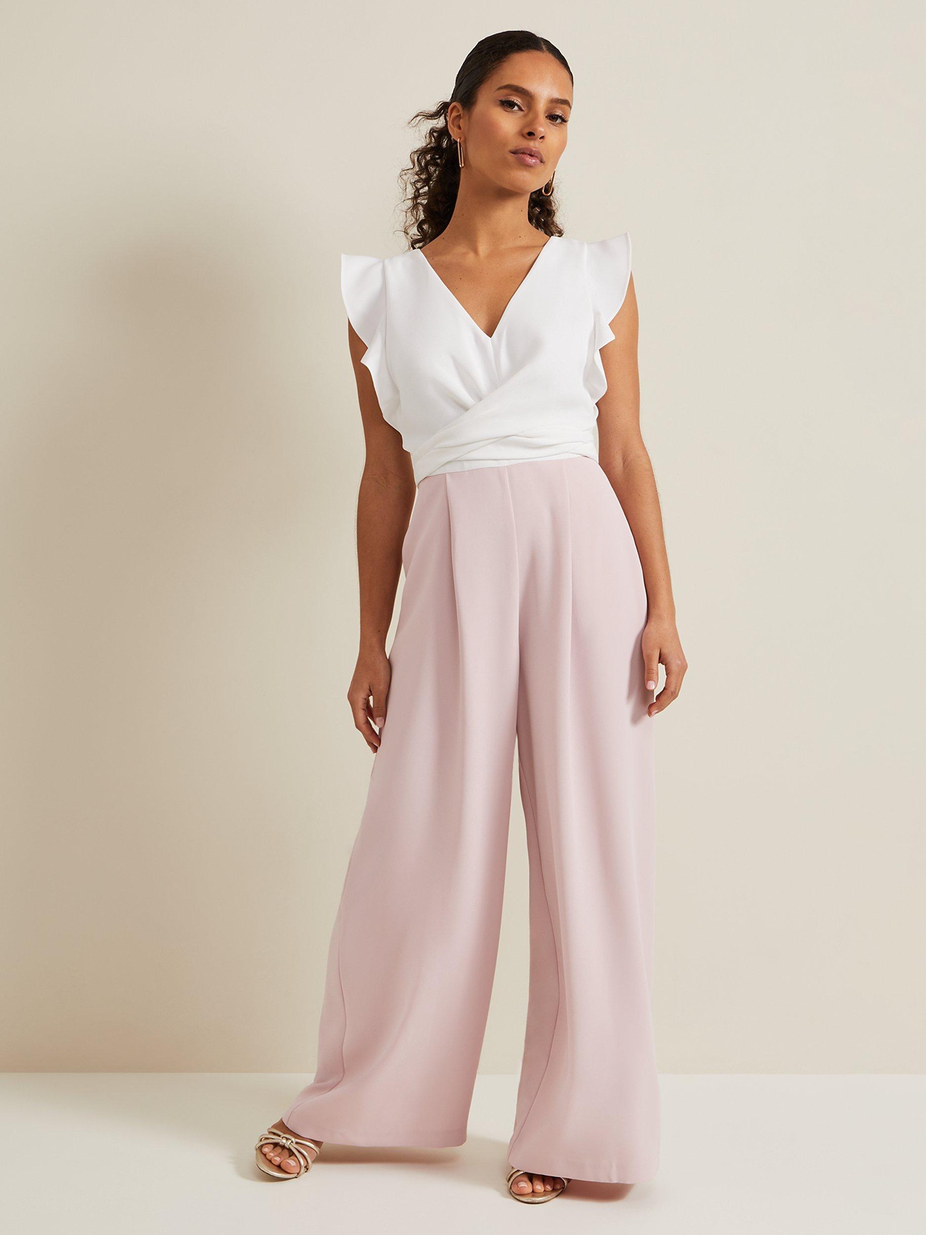 Product image 1 of 7, which shows Phase Eight Petite Ayla Ruffle Jumpsuit, Pink/Ivory, 6