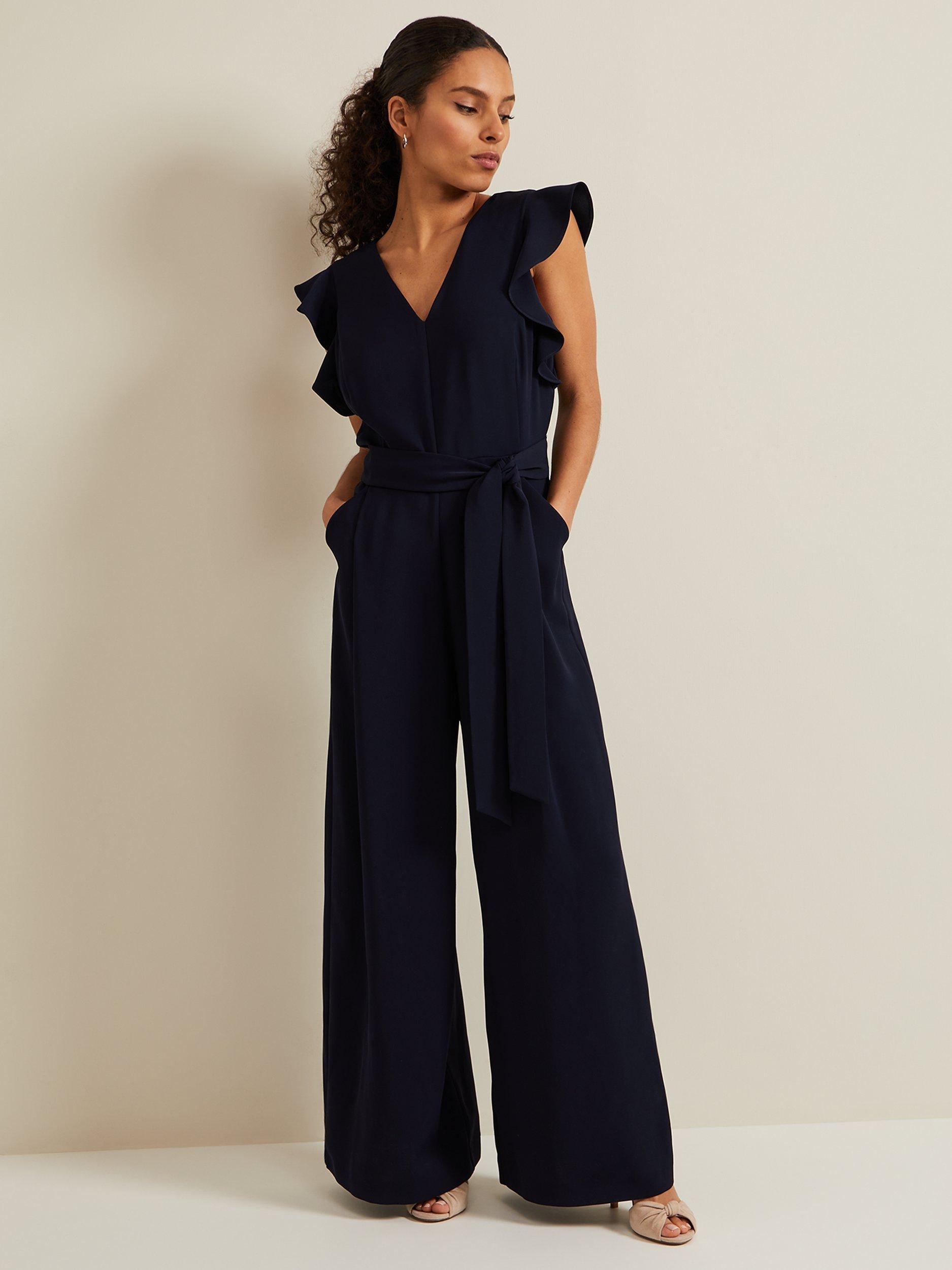 Phase Eight Petite Kallie Frill Sleeve Jumpsuit, Navy, 16