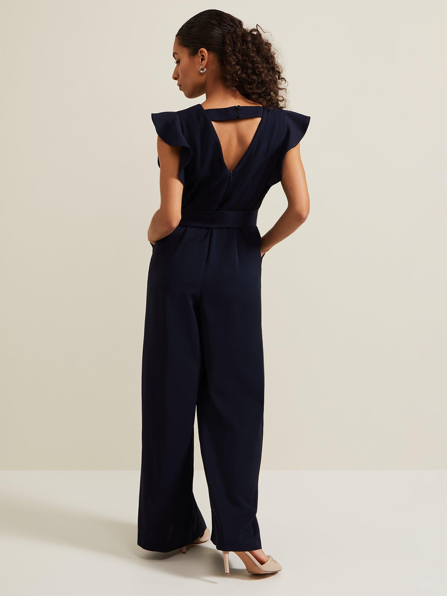 Phase Eight Petite Kallie Frill Sleeve Jumpsuit, Navy, 16