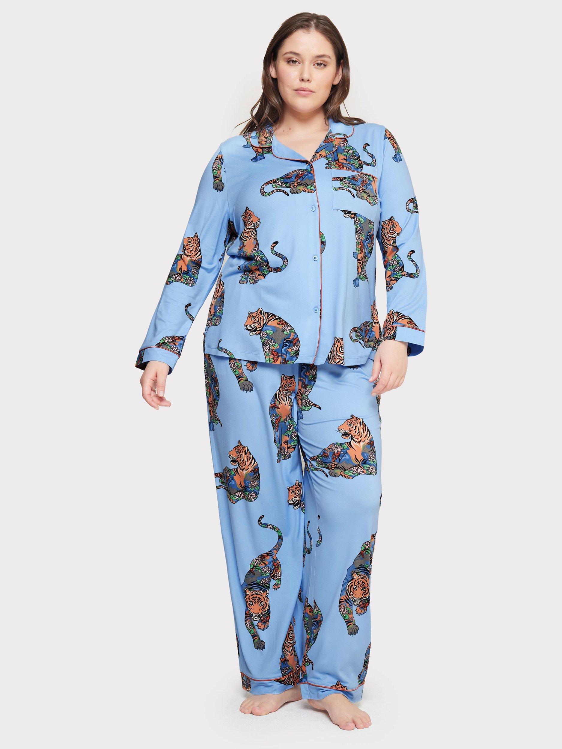 Chelsea Peers Curve Lotus Tiger Print Long Pyjama Set, Blue