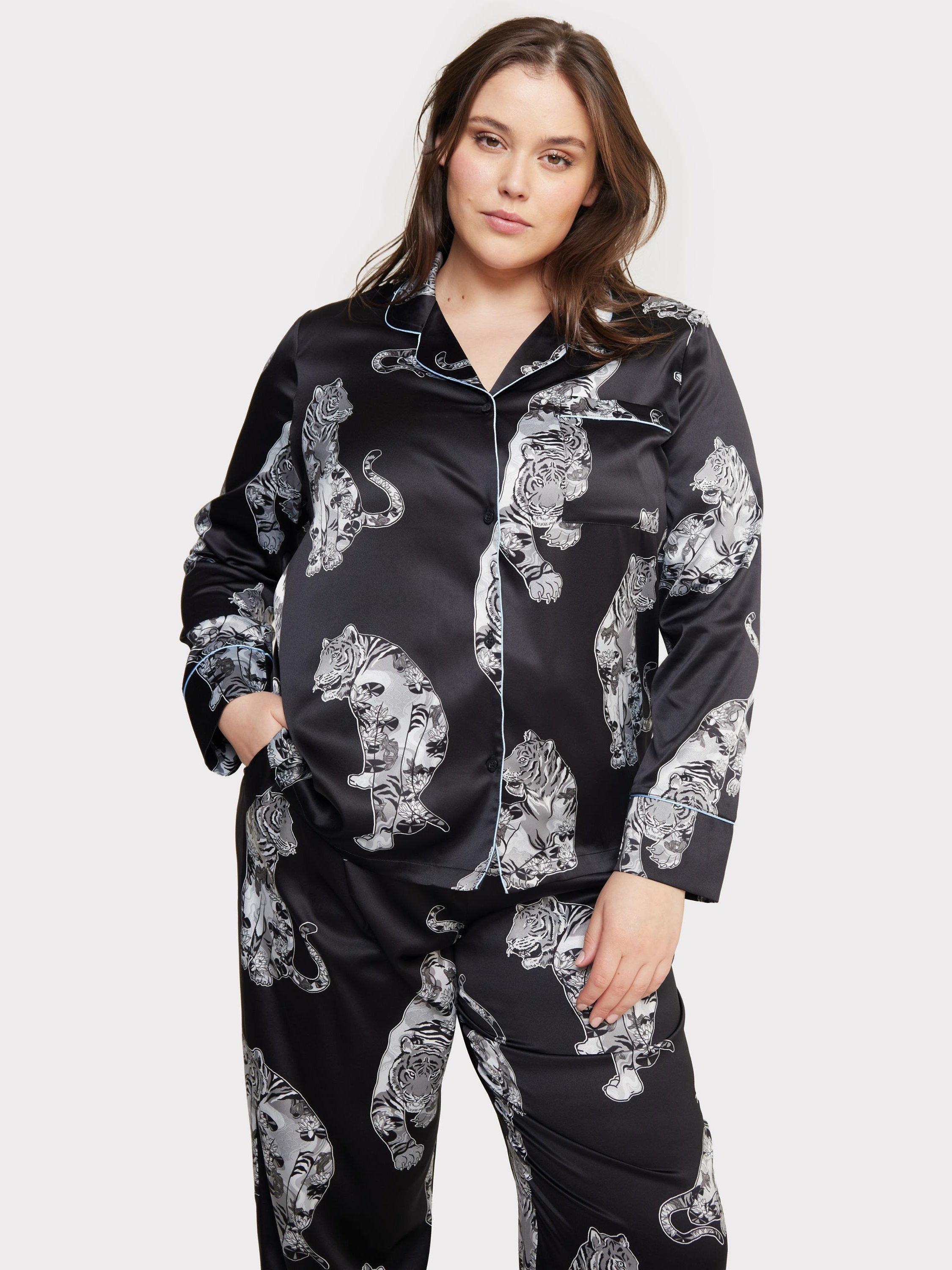 Chelsea Peers Curve Satin Tiger Print Long Pyjama Set, Black/Multi