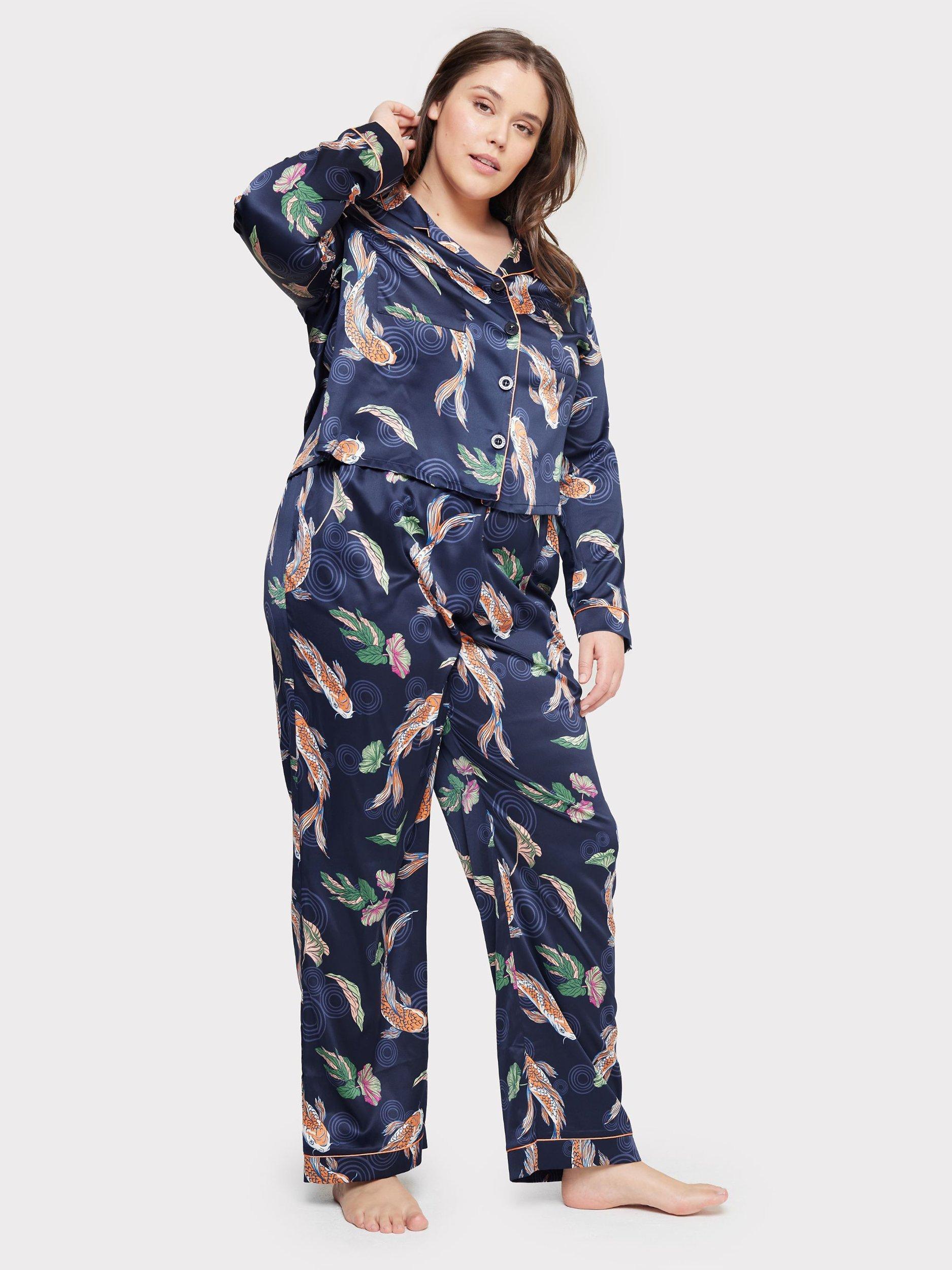 Chelsea Peers Curve Satin Koi Fish Print Long Pyjama Set, Navy