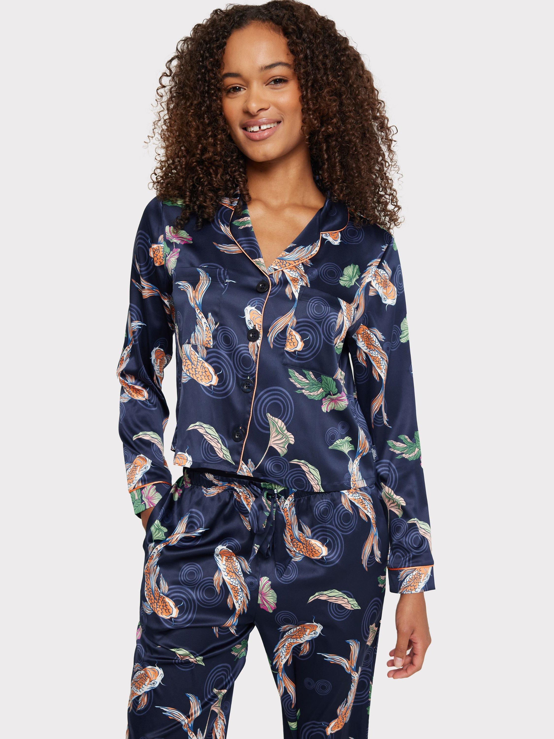 Chelsea Peers Satin Koi Fish Print Long Pyjama Set, Navy