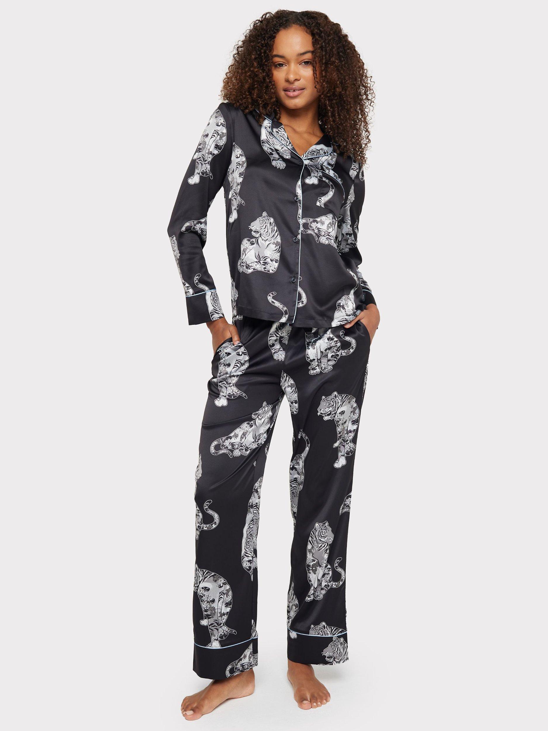 Chelsea Peers Satin Tiger Print Long Pyjama Set, Black Lotus