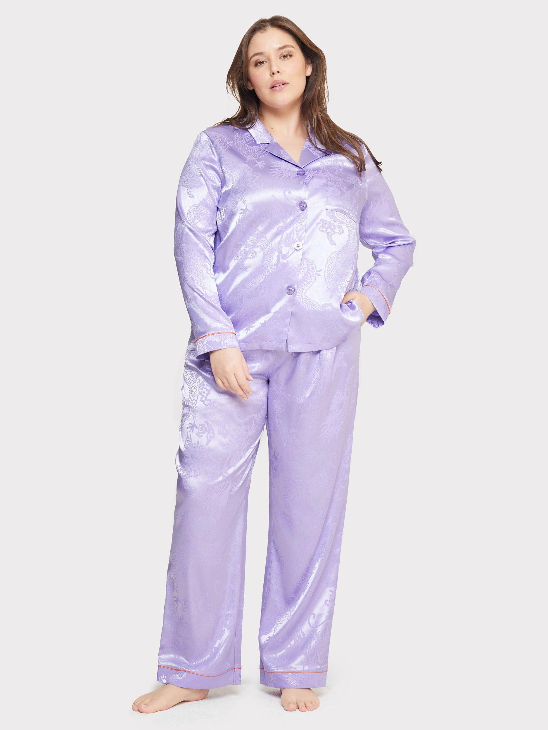 Chelsea Peers Curve Satin Jacquard Dragon Print Long Pyjama Set Purple