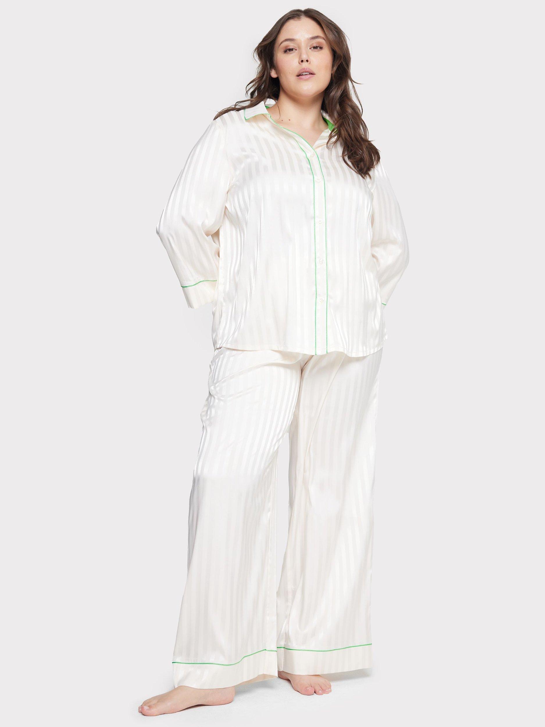Chelsea Peers Curve Satin Jacquard Stripe Long Pyjama Set, Off White