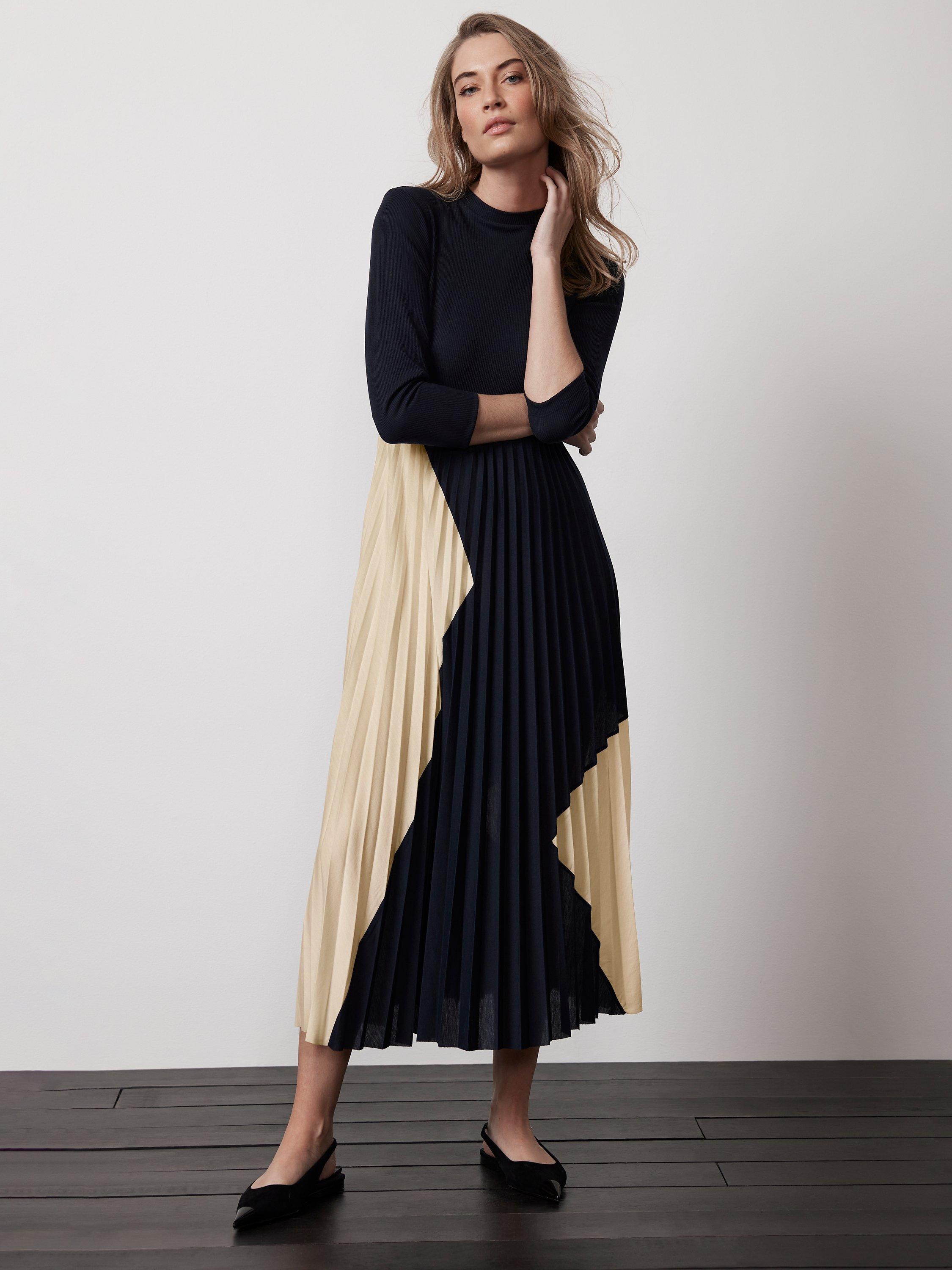 Mint Velvet Pleated Colour Block Dress, Navy/Cream