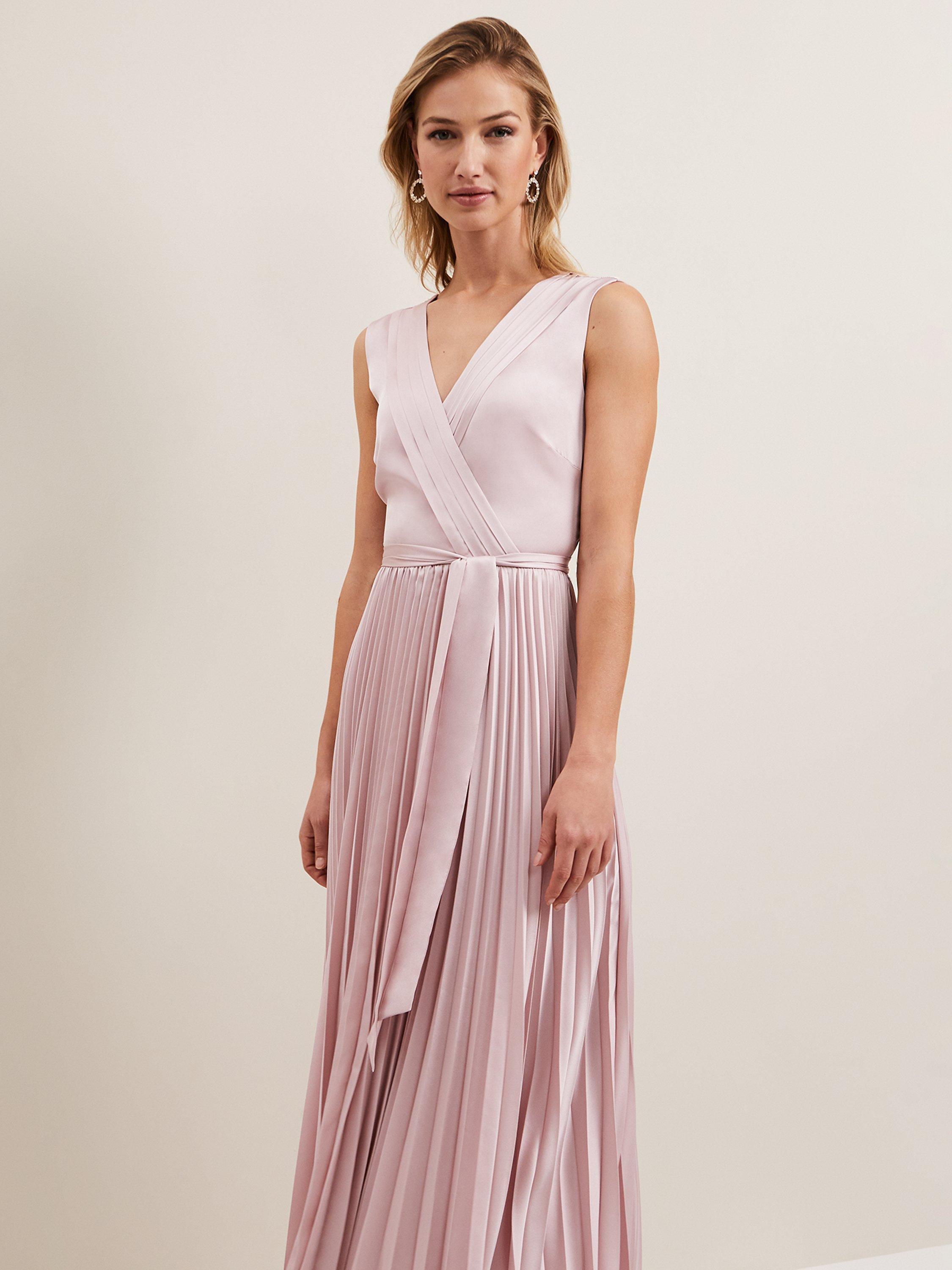 Product image 3 of 9, which shows Phase Eight Bonnie Pleated Faux Wrap Maxi Satin Dress, Pink, 10