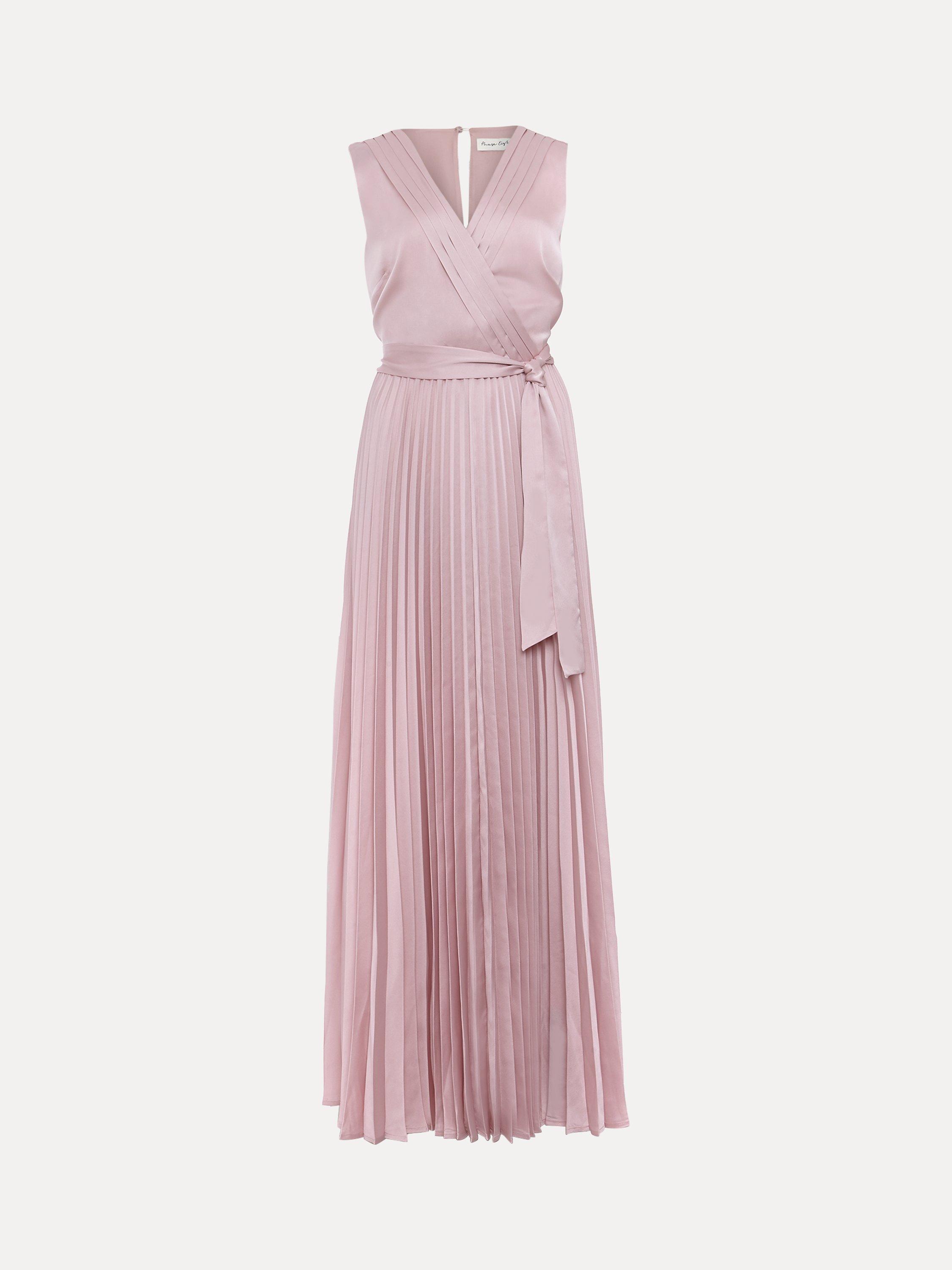 Product image 5 of 9, which shows Phase Eight Bonnie Pleated Faux Wrap Maxi Satin Dress, Pink, 10