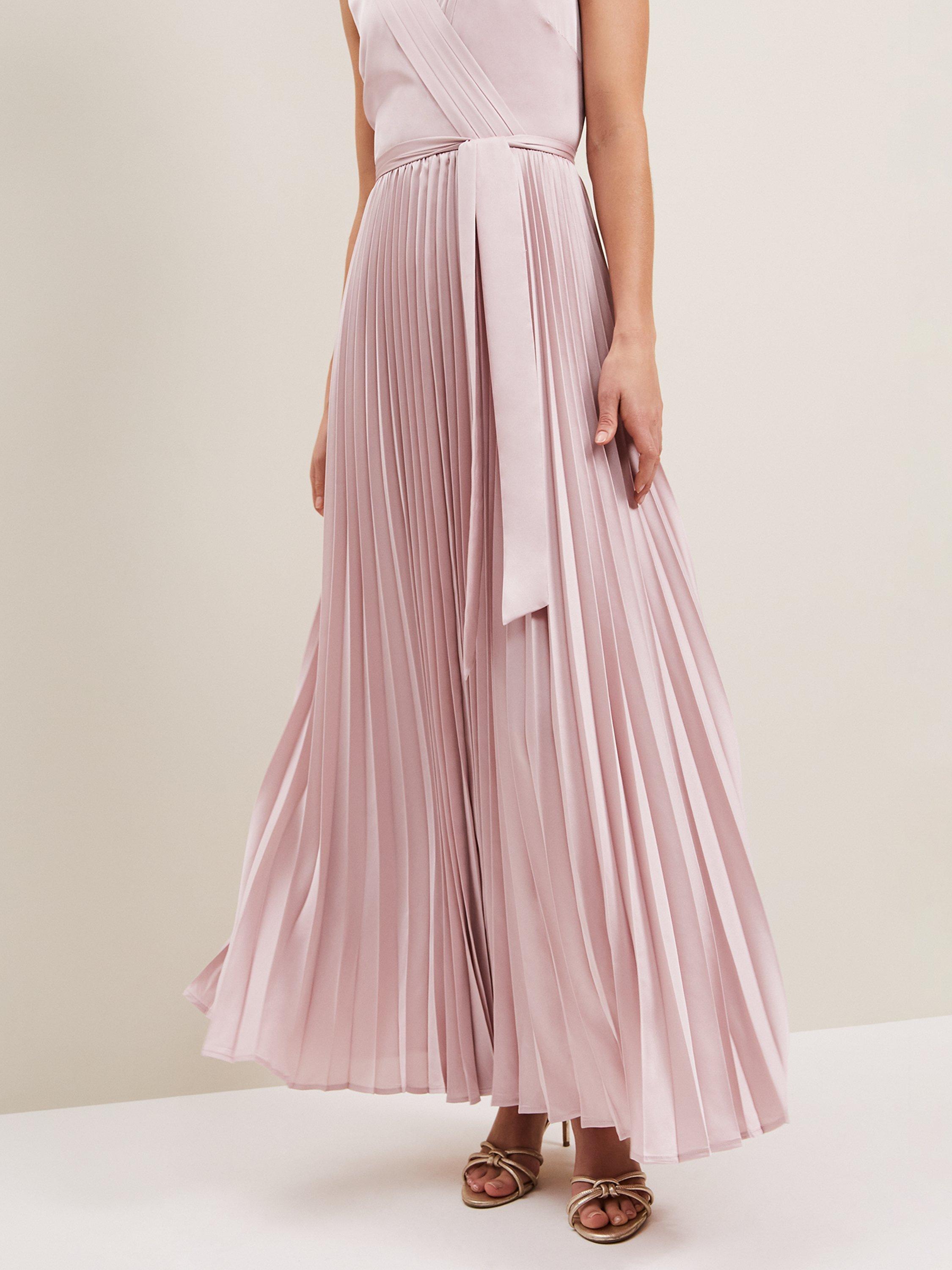 Product image 7 of 9, which shows Phase Eight Bonnie Pleated Faux Wrap Maxi Satin Dress, Pink, 10