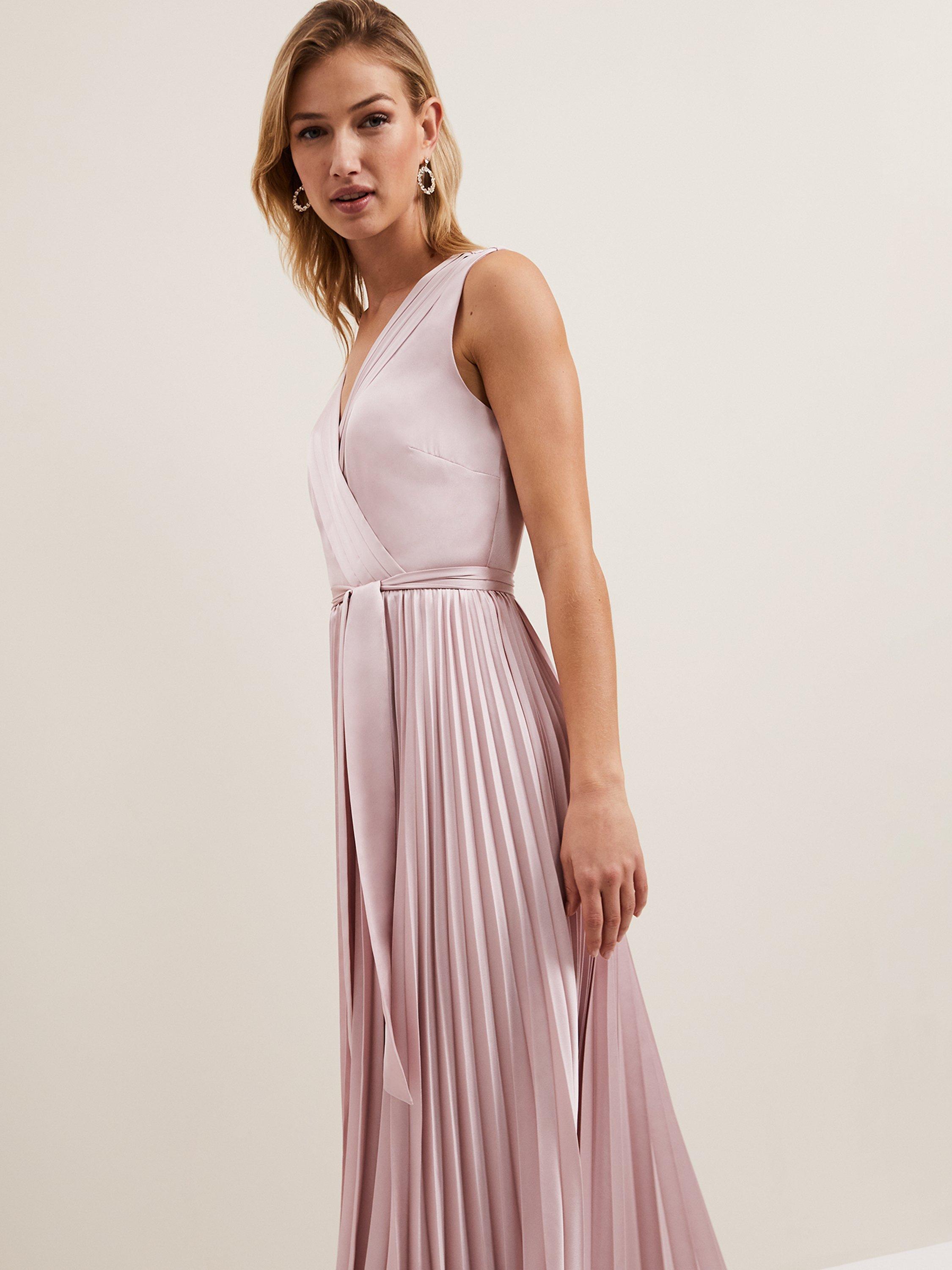 Product image 8 of 9, which shows Phase Eight Bonnie Pleated Faux Wrap Maxi Satin Dress, Pink, 10