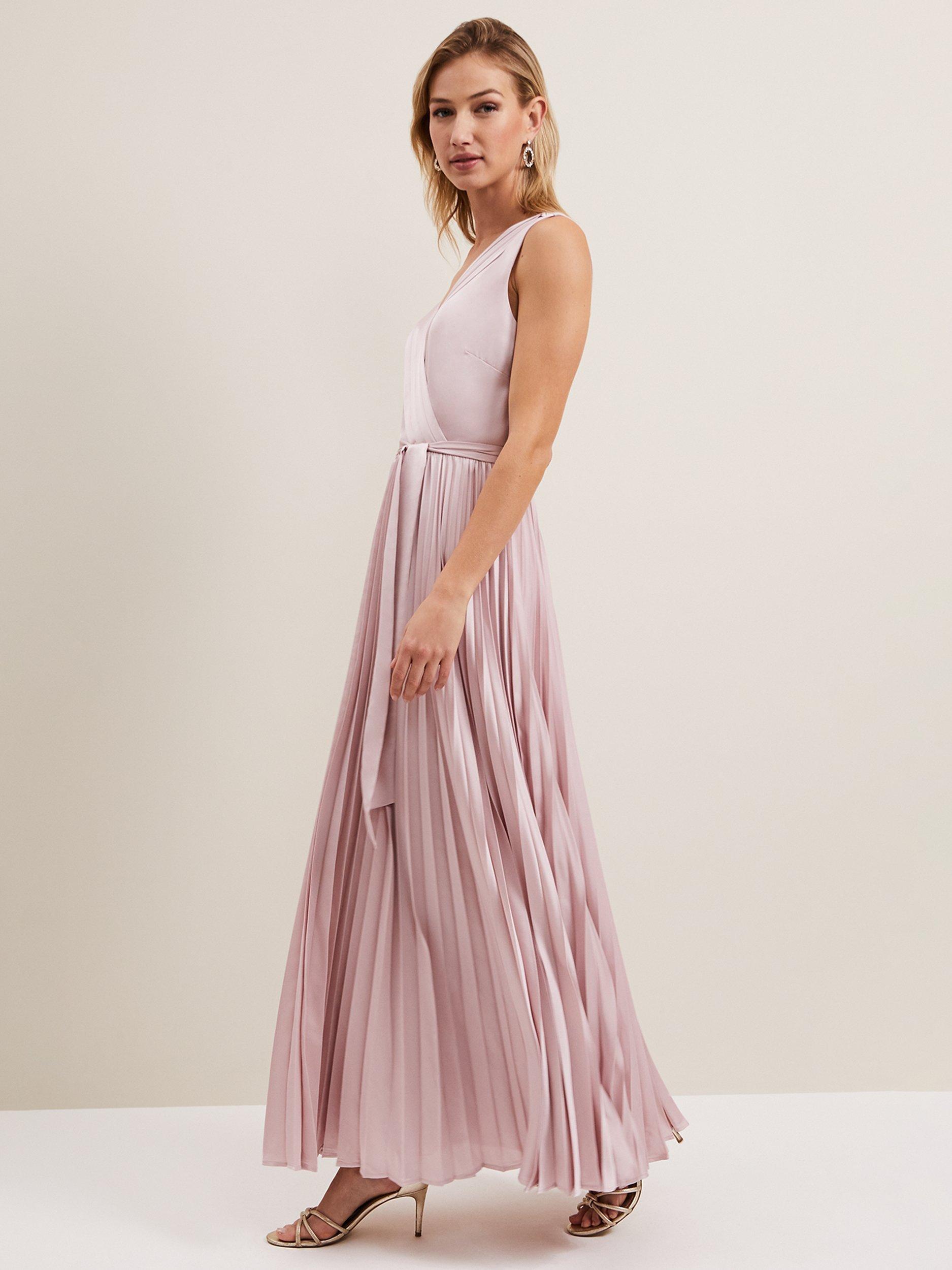 Product image 9 of 9, which shows Phase Eight Bonnie Pleated Faux Wrap Maxi Satin Dress, Pink, 10