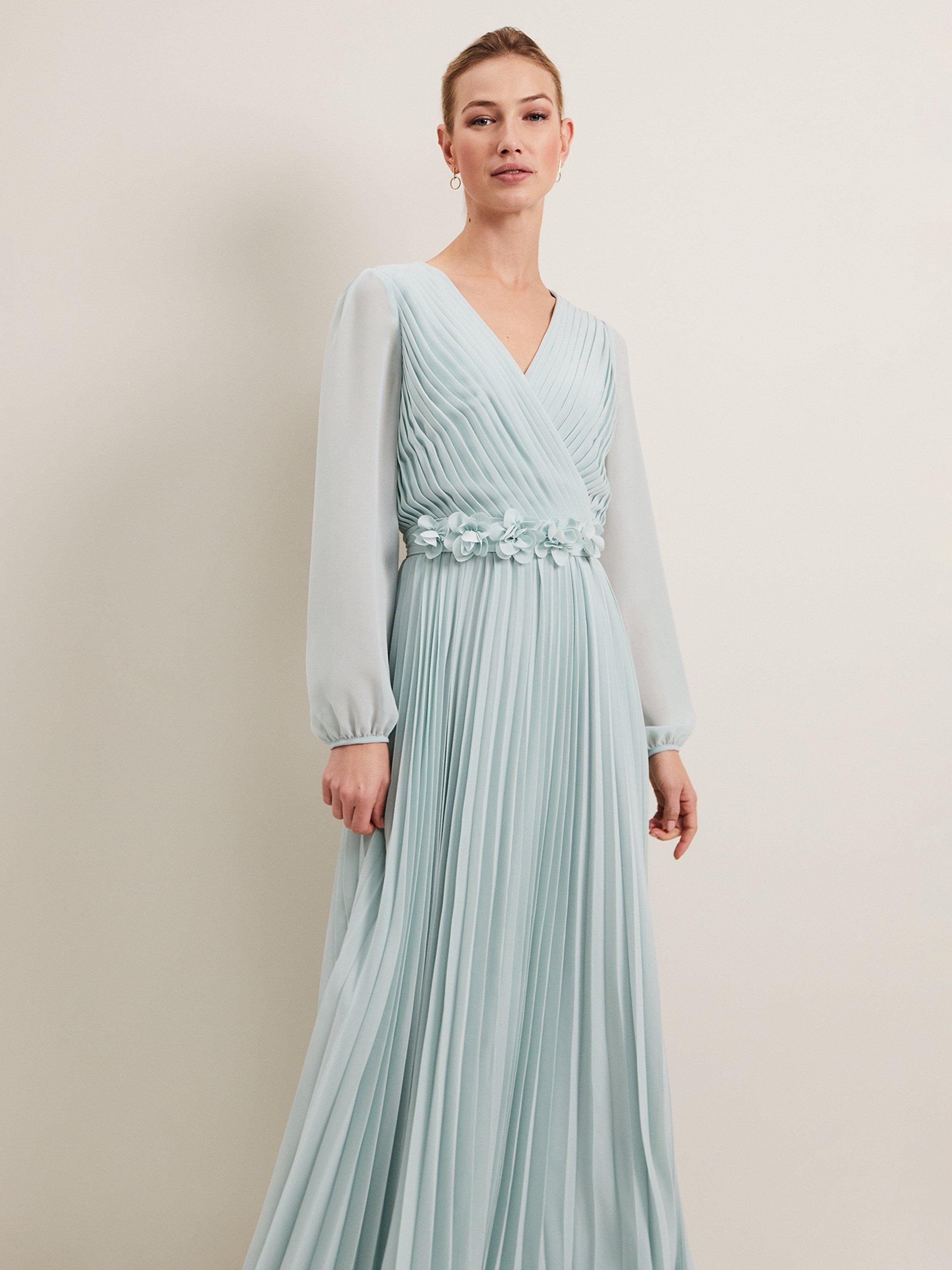 Product image 3 of 9, which shows Phase Eight Alecia Pleated Maxi Dress, Pale Blue, 6