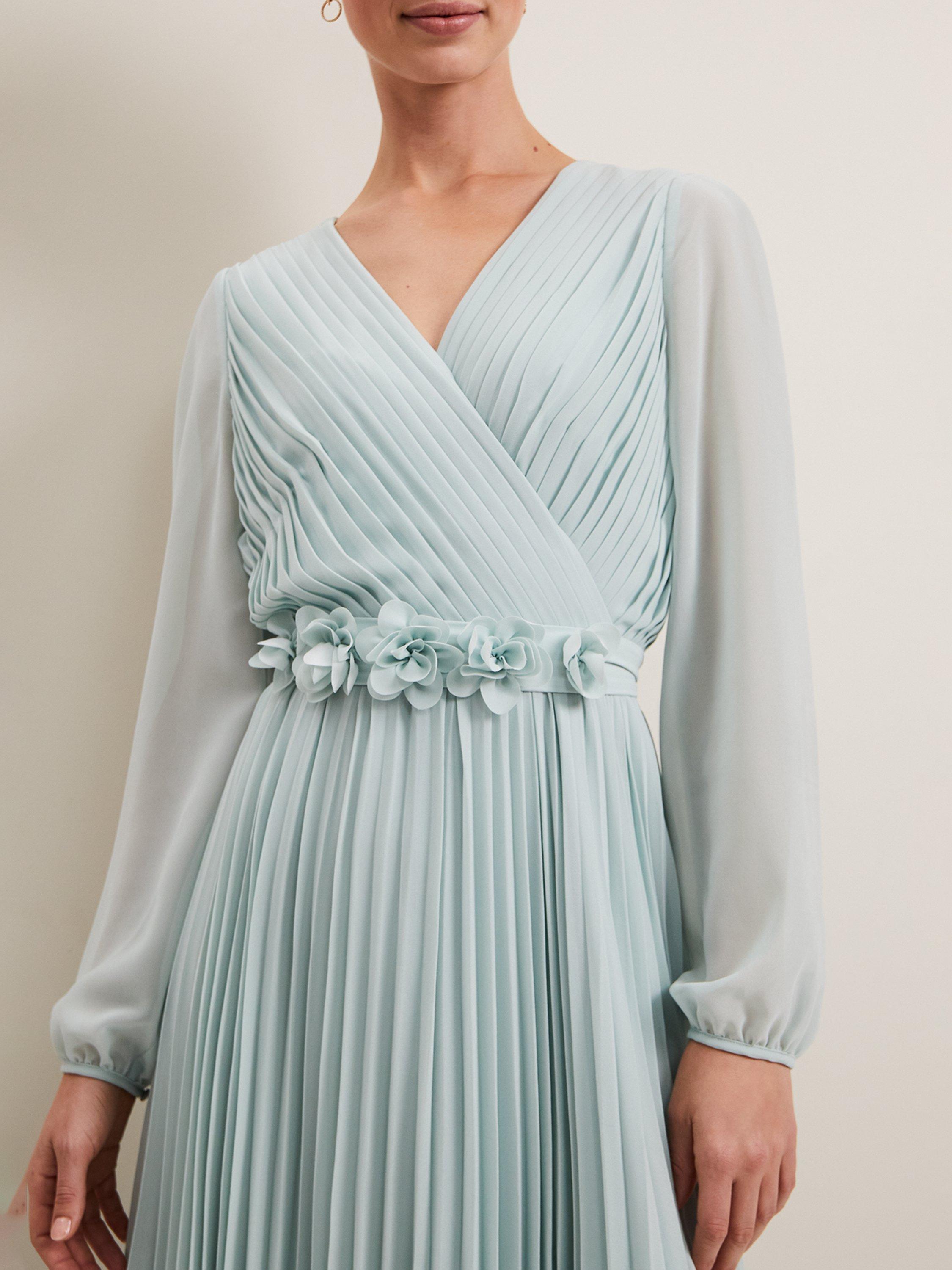 Product image 4 of 9, which shows Phase Eight Alecia Pleated Maxi Dress, Pale Blue, 6