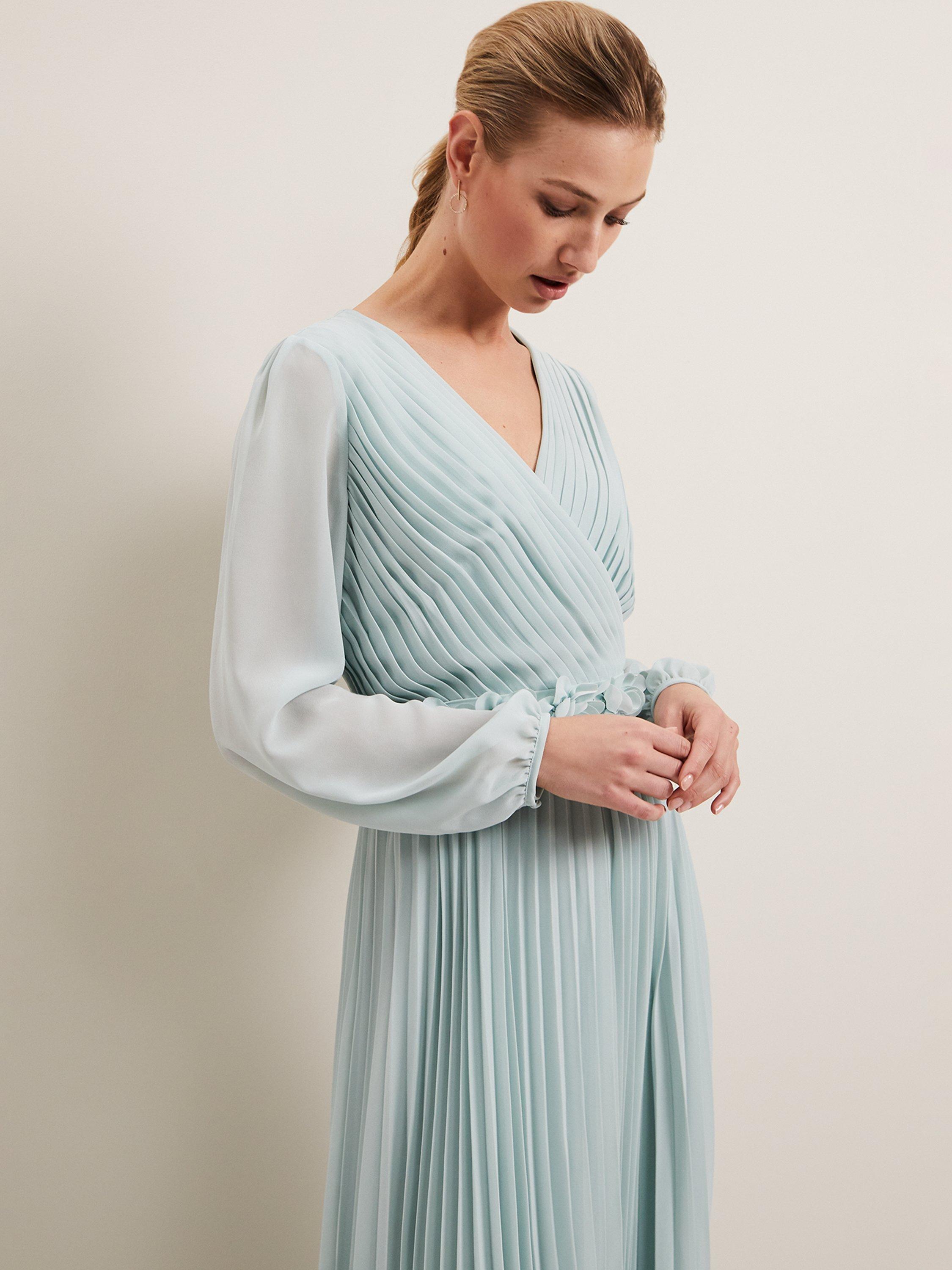 Product image 7 of 9, which shows Phase Eight Alecia Pleated Maxi Dress, Pale Blue, 6