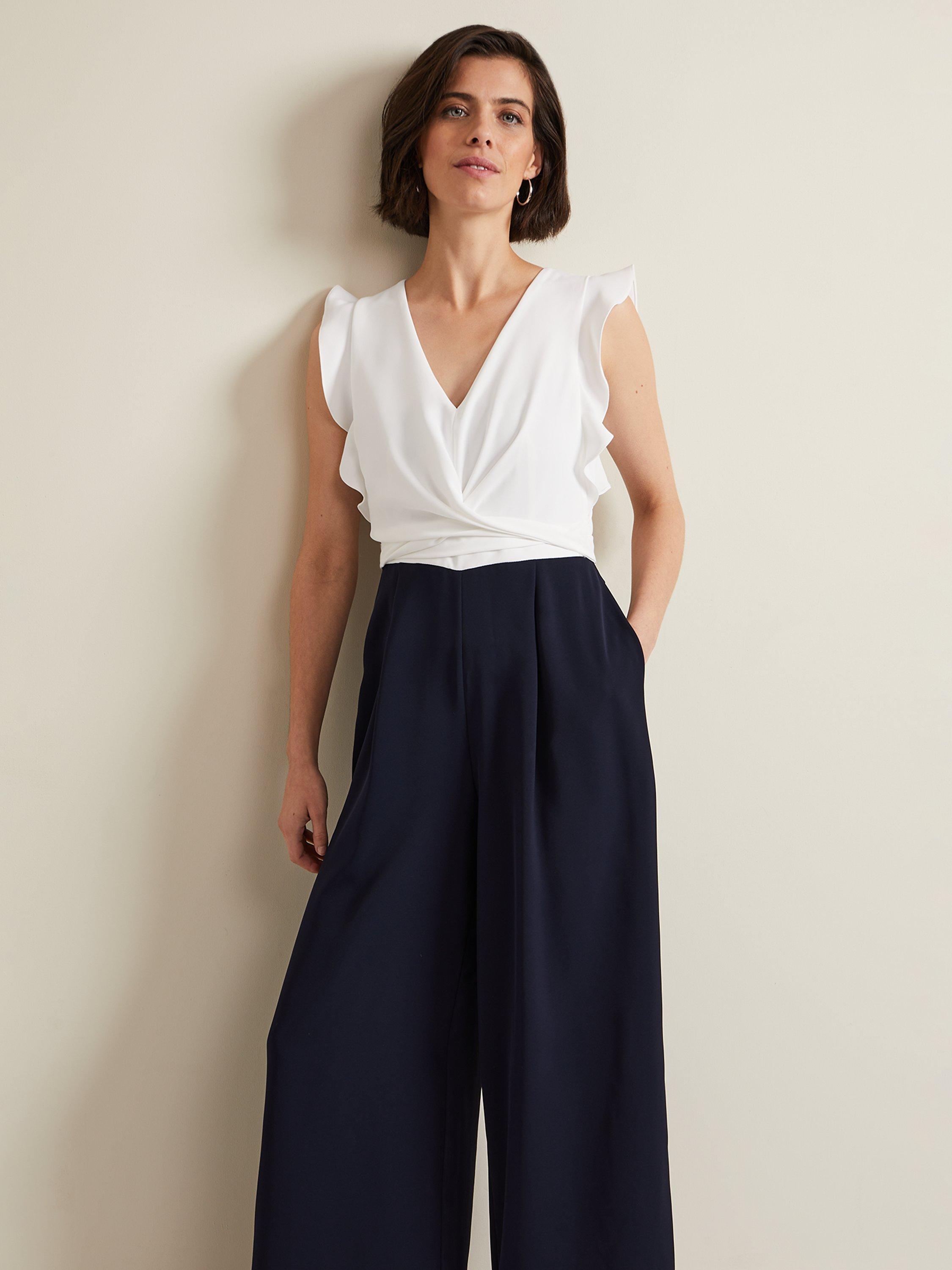 Product image 3 of 8, which shows Phase Eight Ayla Colour Block Wide Leg Jumpsuit, Navy/Ivory, 26