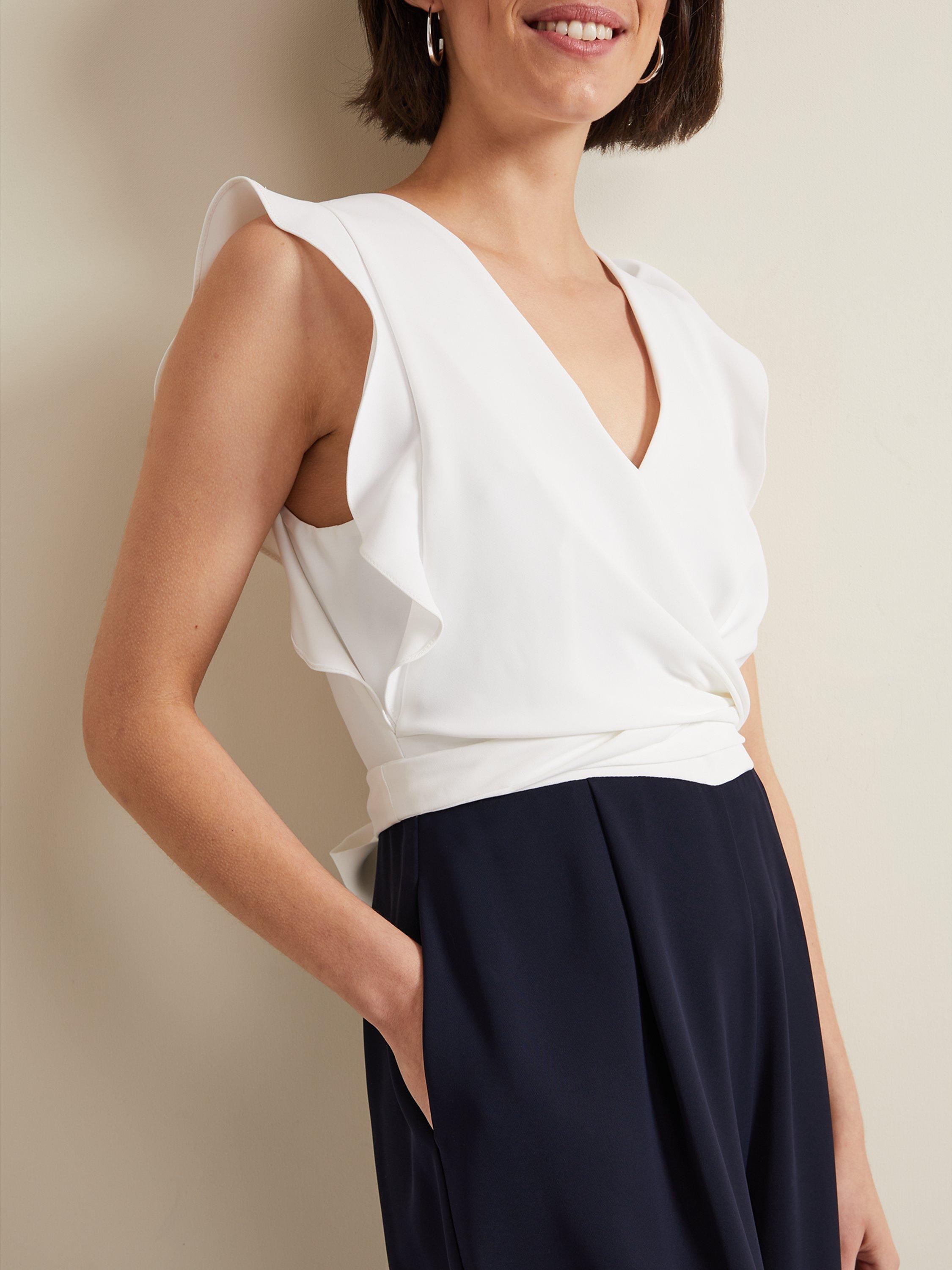 Product image 4 of 8, which shows Phase Eight Ayla Colour Block Wide Leg Jumpsuit, Navy/Ivory, 26