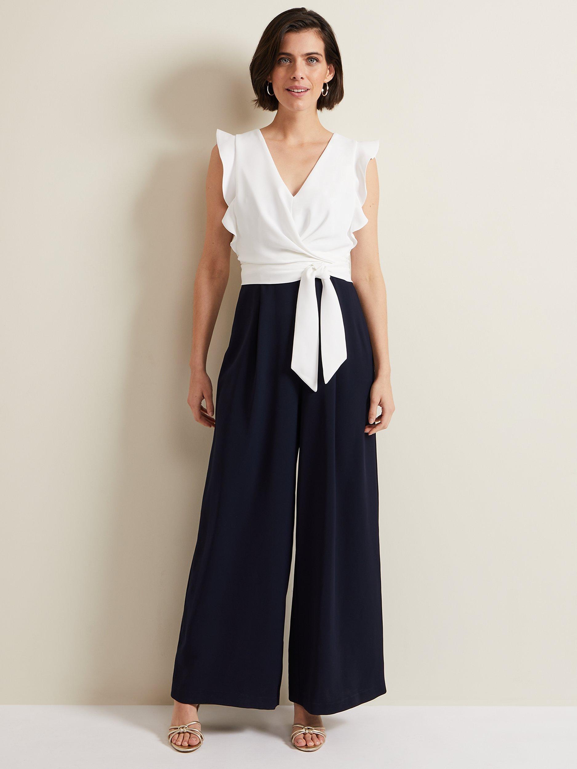 Product image 8 of 8, which shows Phase Eight Ayla Colour Block Wide Leg Jumpsuit, Navy/Ivory, 26