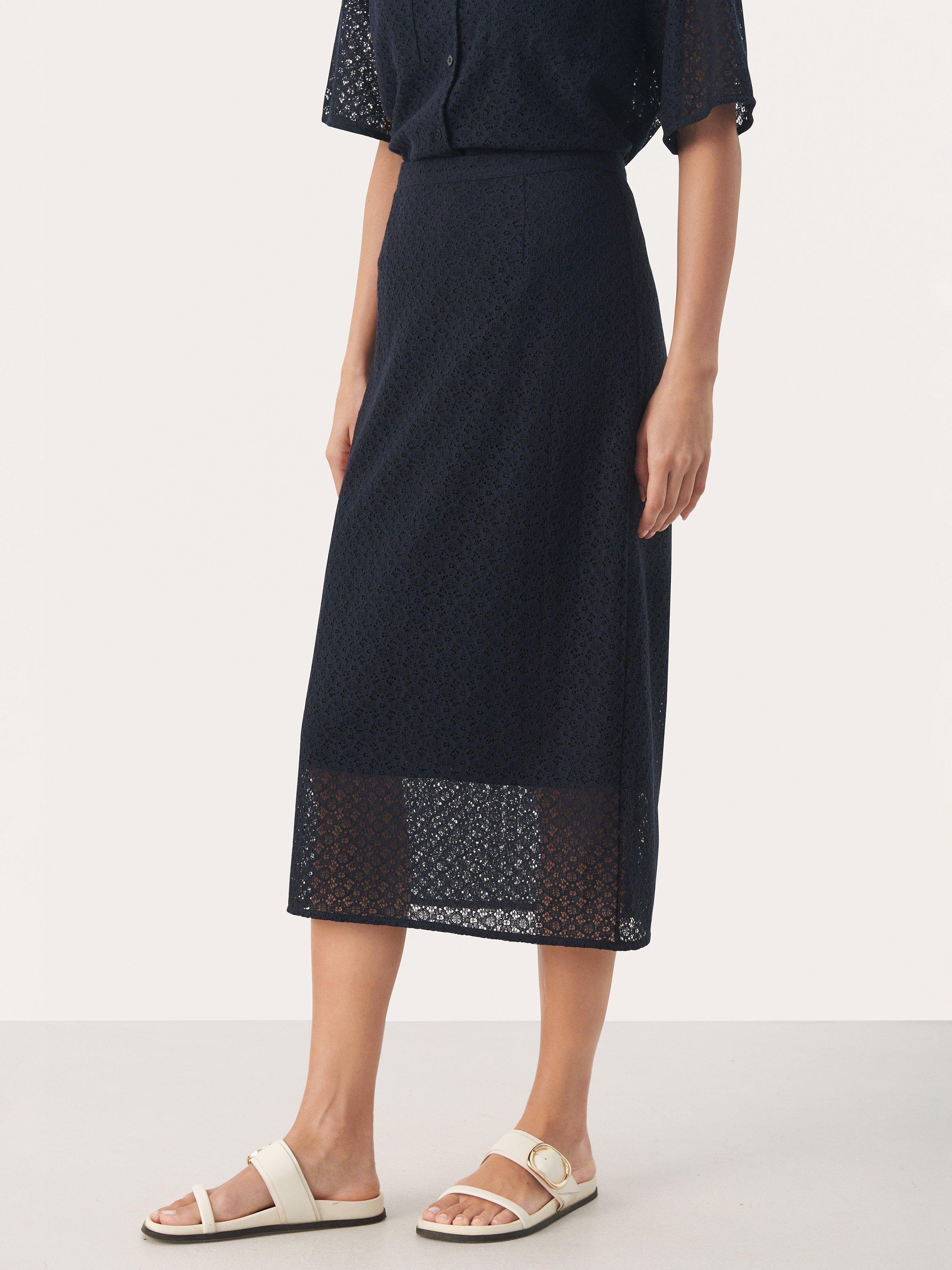 Part Two Emerie Cotton Blend Lace Midi Skirt, Dark Navy
