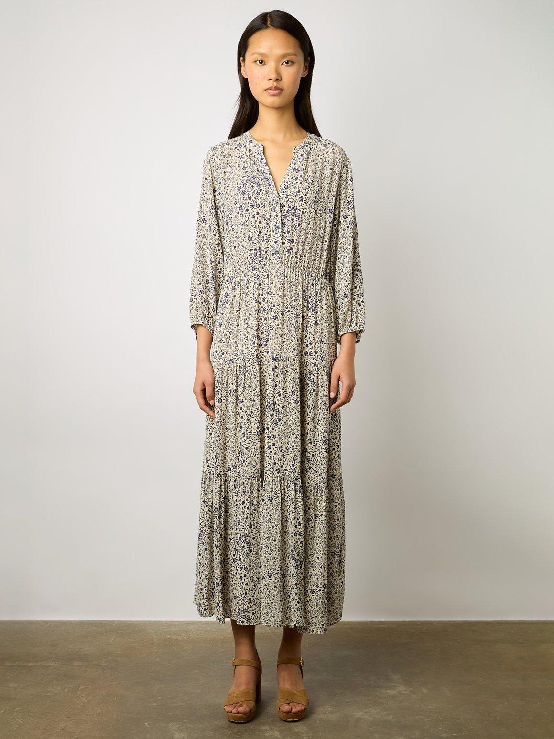 Gerard Darel Erinna Floral Print Tiered Maxi Dress Ecru Navy