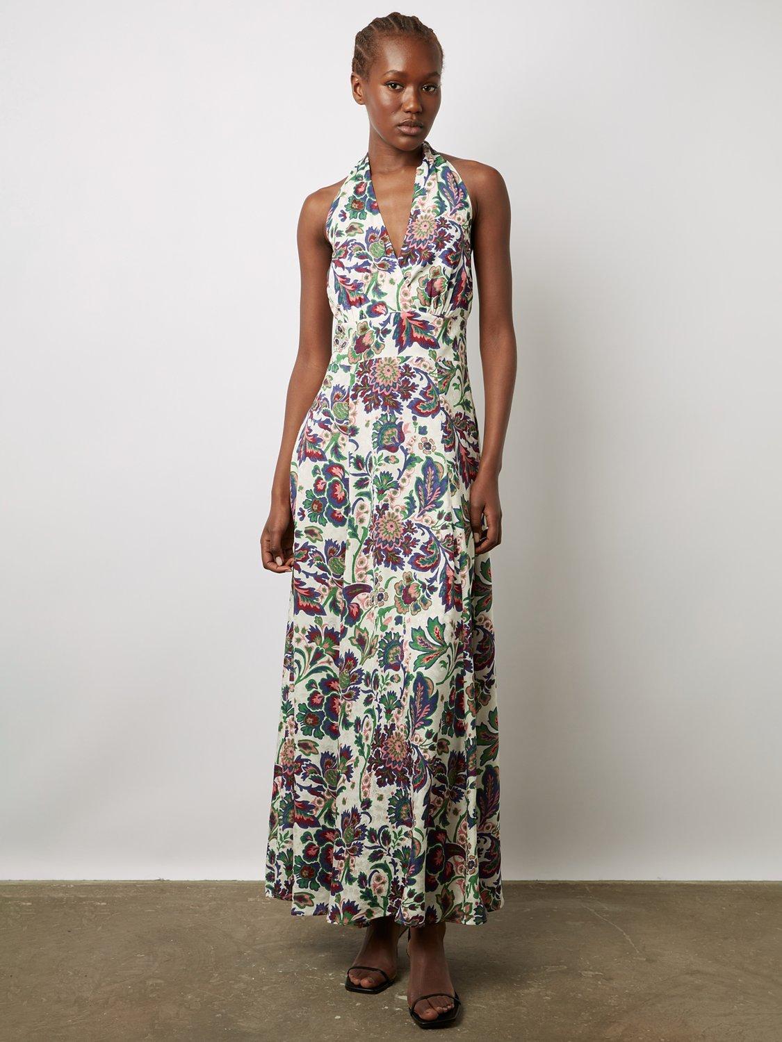 Gerard Darel Elwina Botanical Print Halterneck Maxi Dress, Ecru/Multi