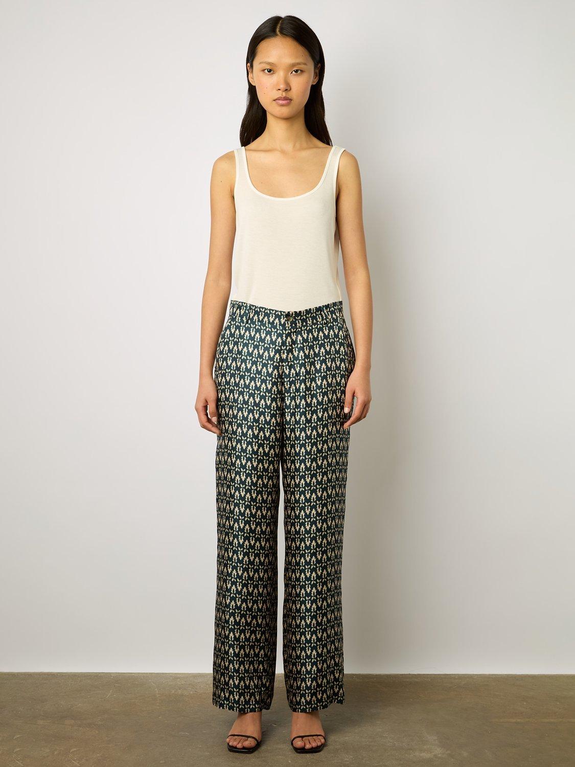 Gerard Darel Chanael Leaf Print Wide Leg Silk Trousers, Navy/Ecru