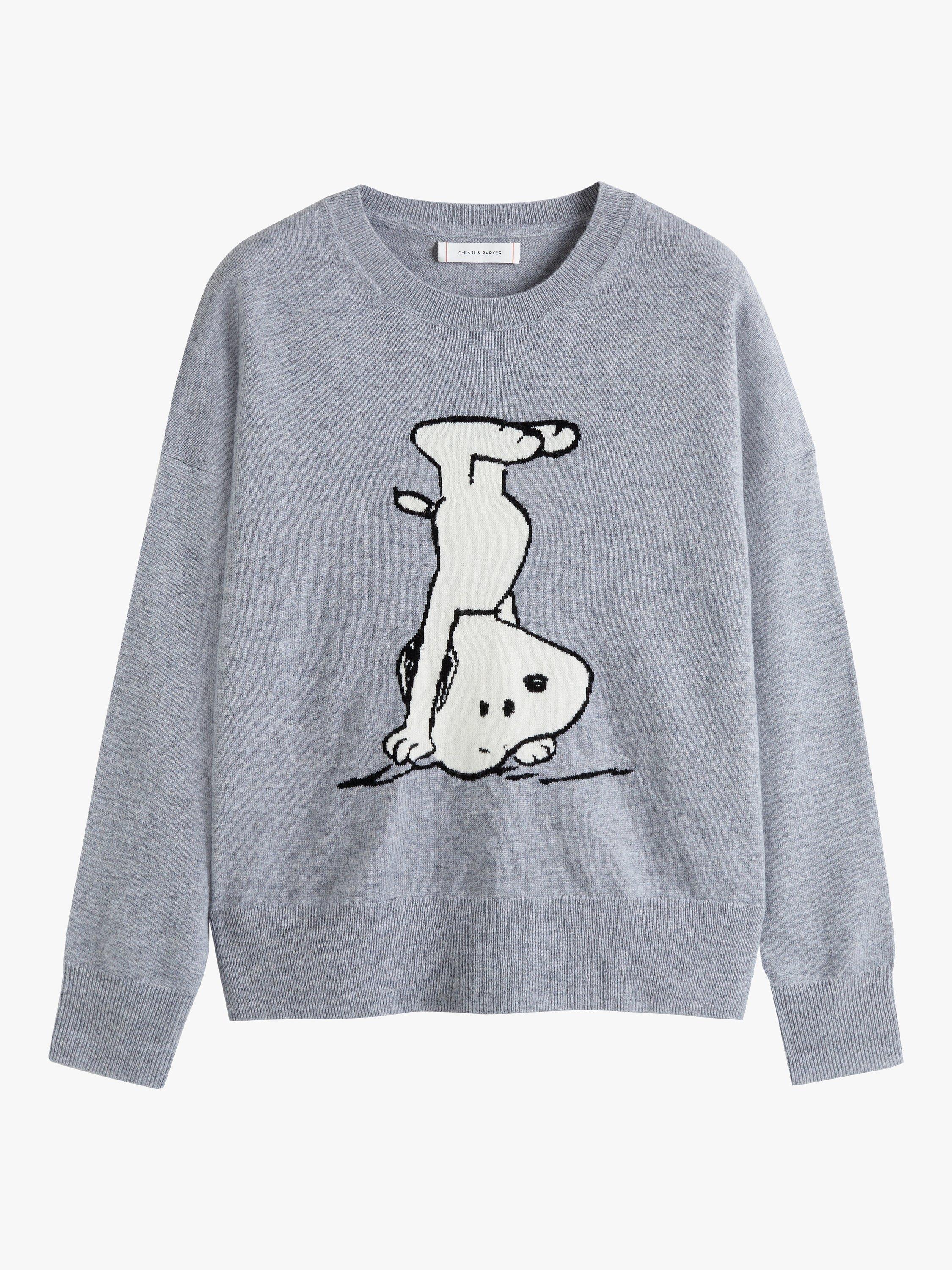 Product image 3 of 4, which shows Chinti & Parker Wool and Cashmere Blend Dancing Snoopy Jumper, Grey Marl, XS