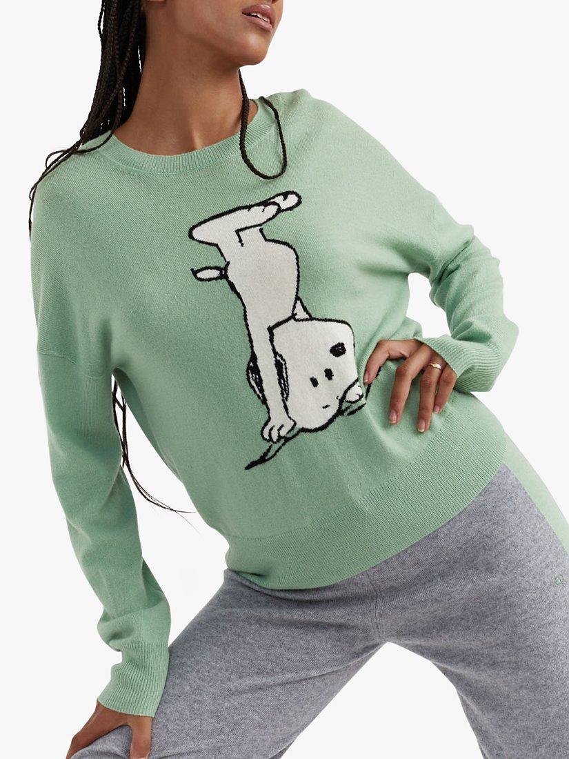 Product image 1 of 3, which shows Chinti & Parker Wool and Cashmere Blend Dancing Snoopy Jumper, Pistachio Green, XL