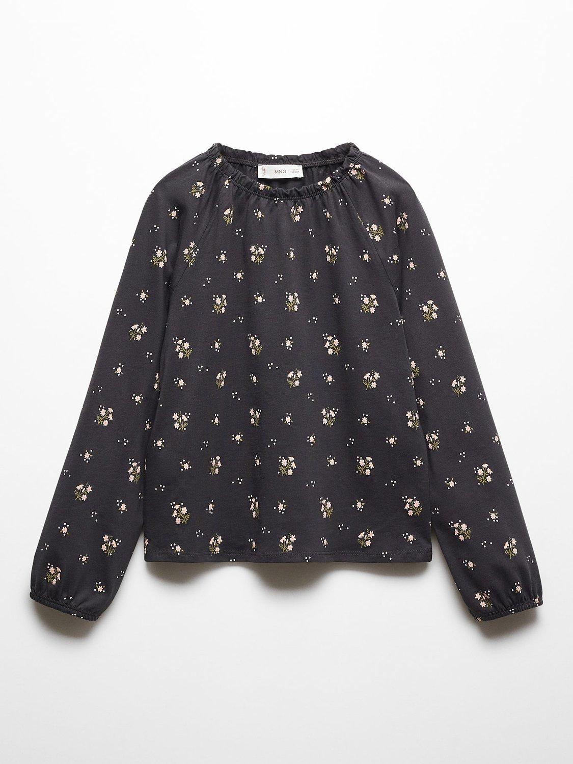 Mango Kids' Norma Floral Print Long Sleeve T-Shirt, Charcoal