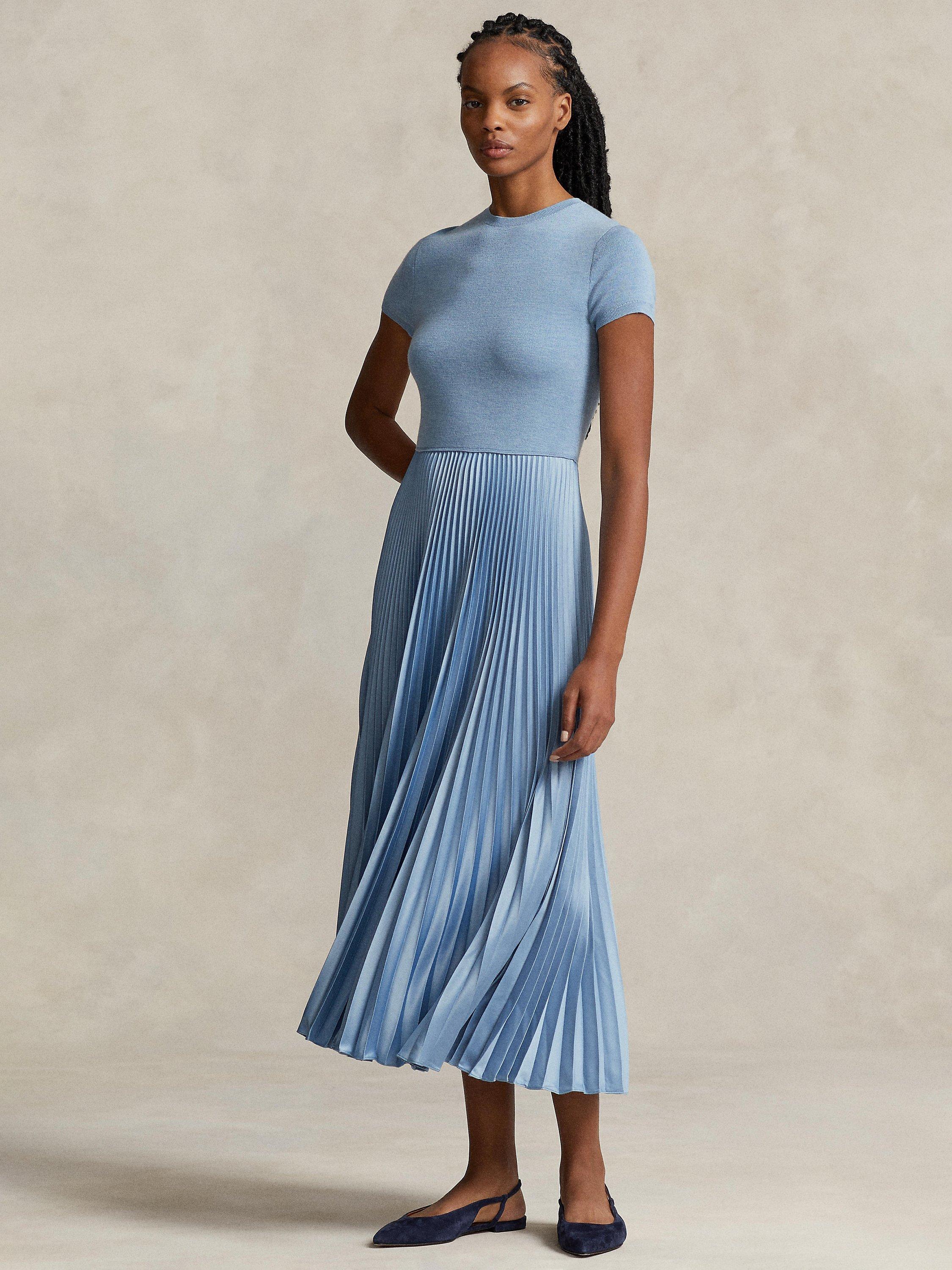 Polo Ralph Lauren Gloria Knit Bodice Pleated Dress, Light Blue