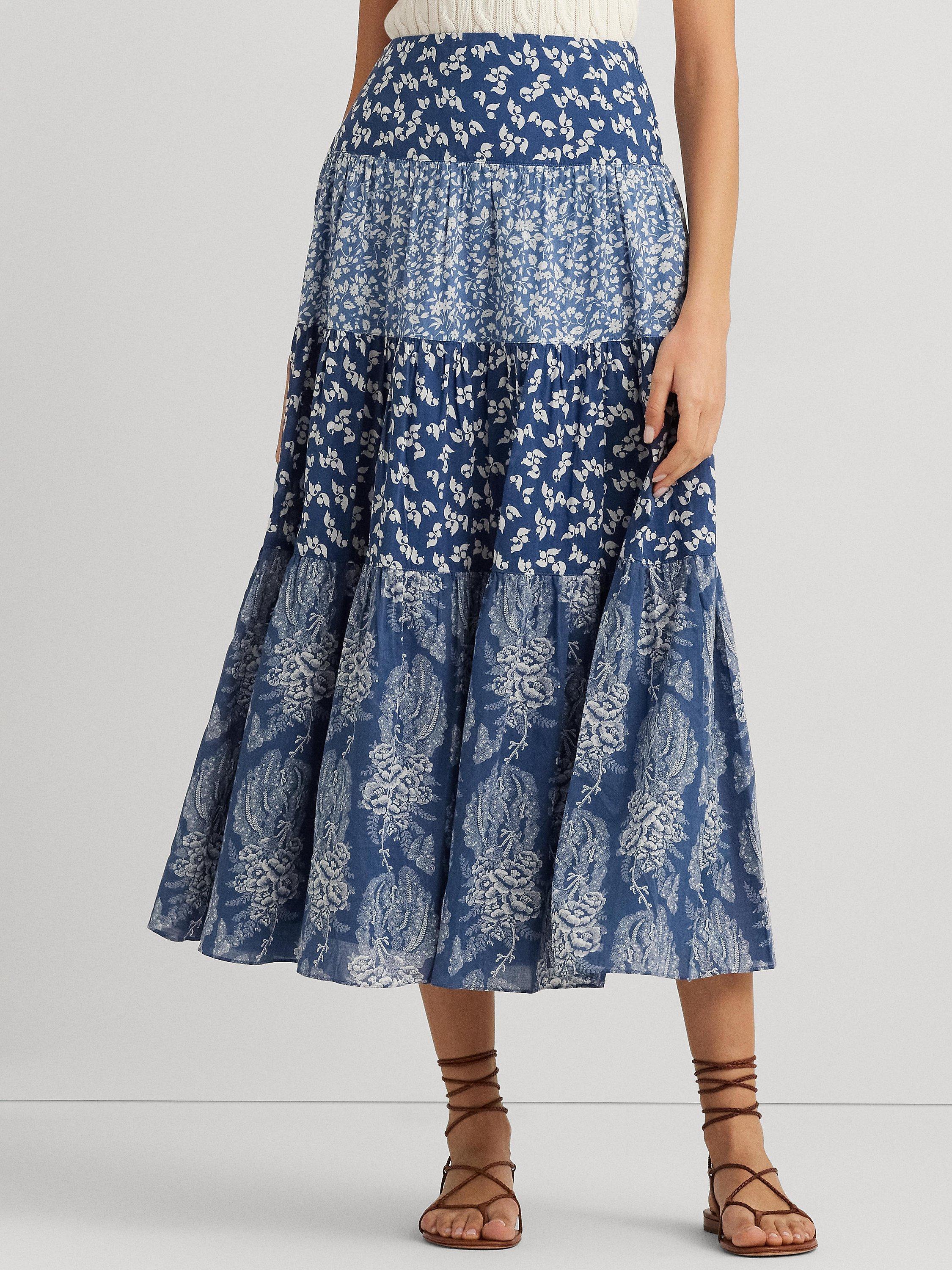 Lauren Ralph Lauren Pauldina Patchwork Floral Tiered Maxi Skirt, Blue/Multi