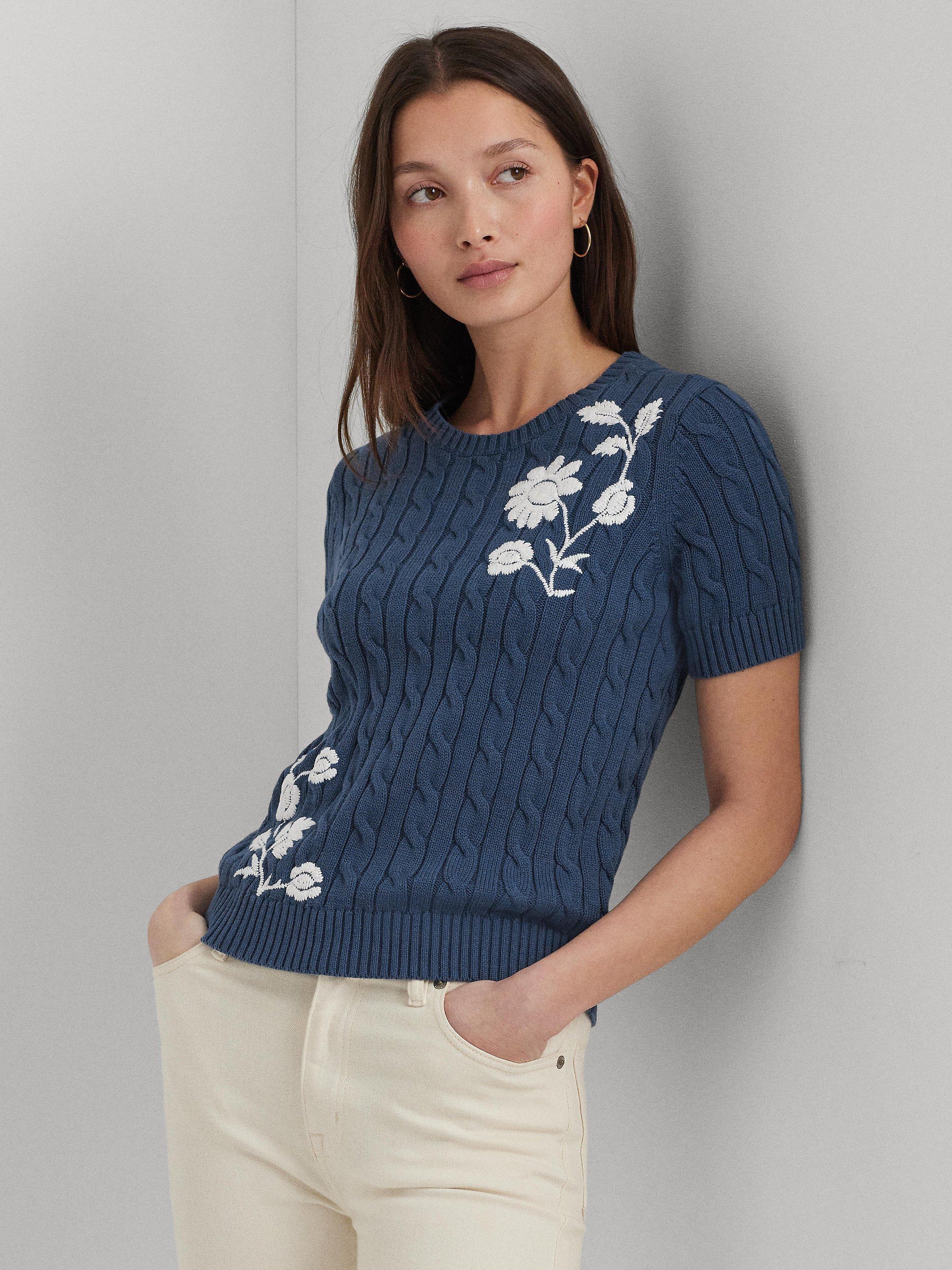 Lauren Ralph Lauren Tazsae Embroidered Cable Knit Short Sleeve Jumper, Blue