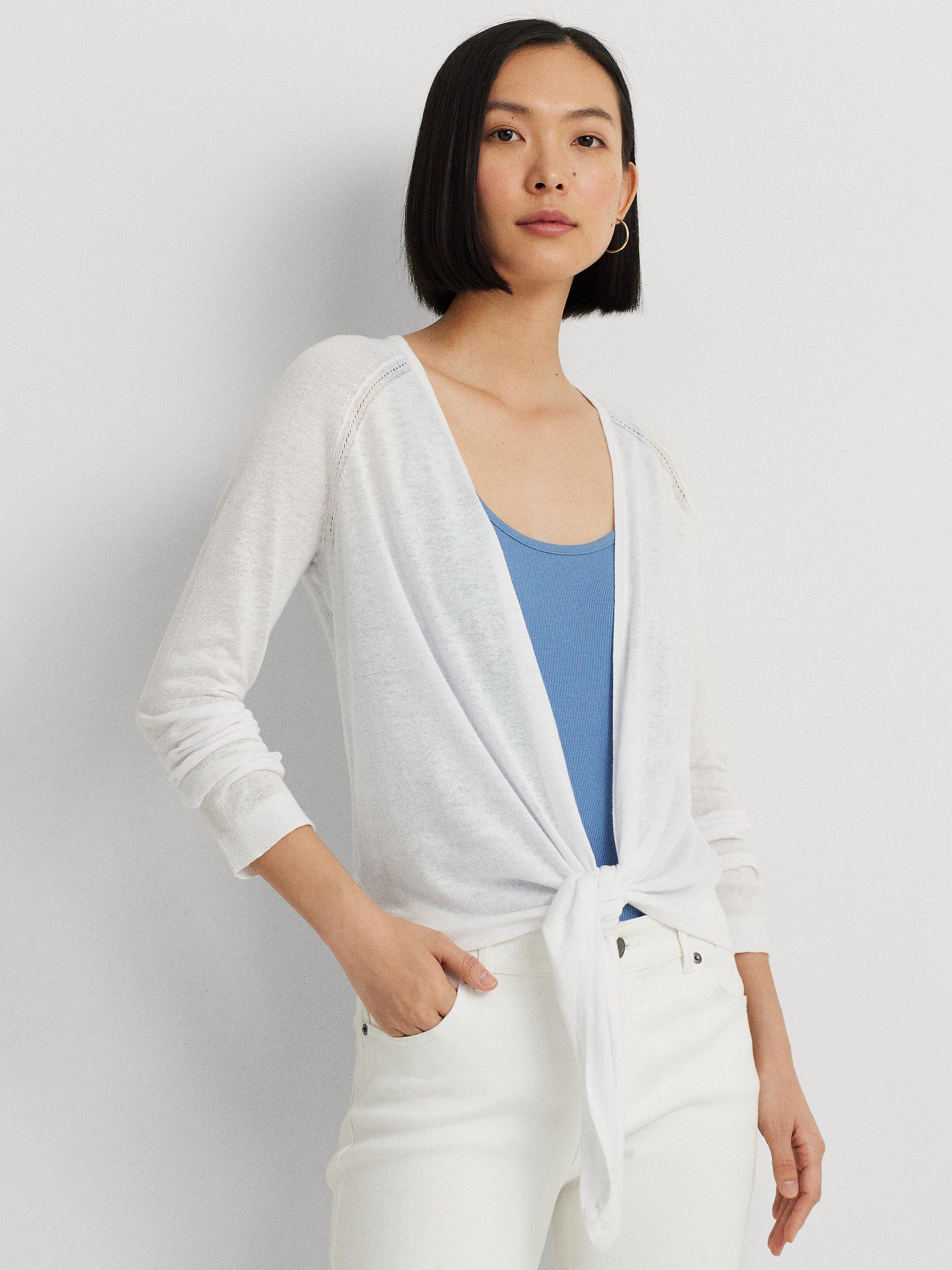 Lauren Ralph Lauren Nalani Linen Blend Tie Front Cardigan, White