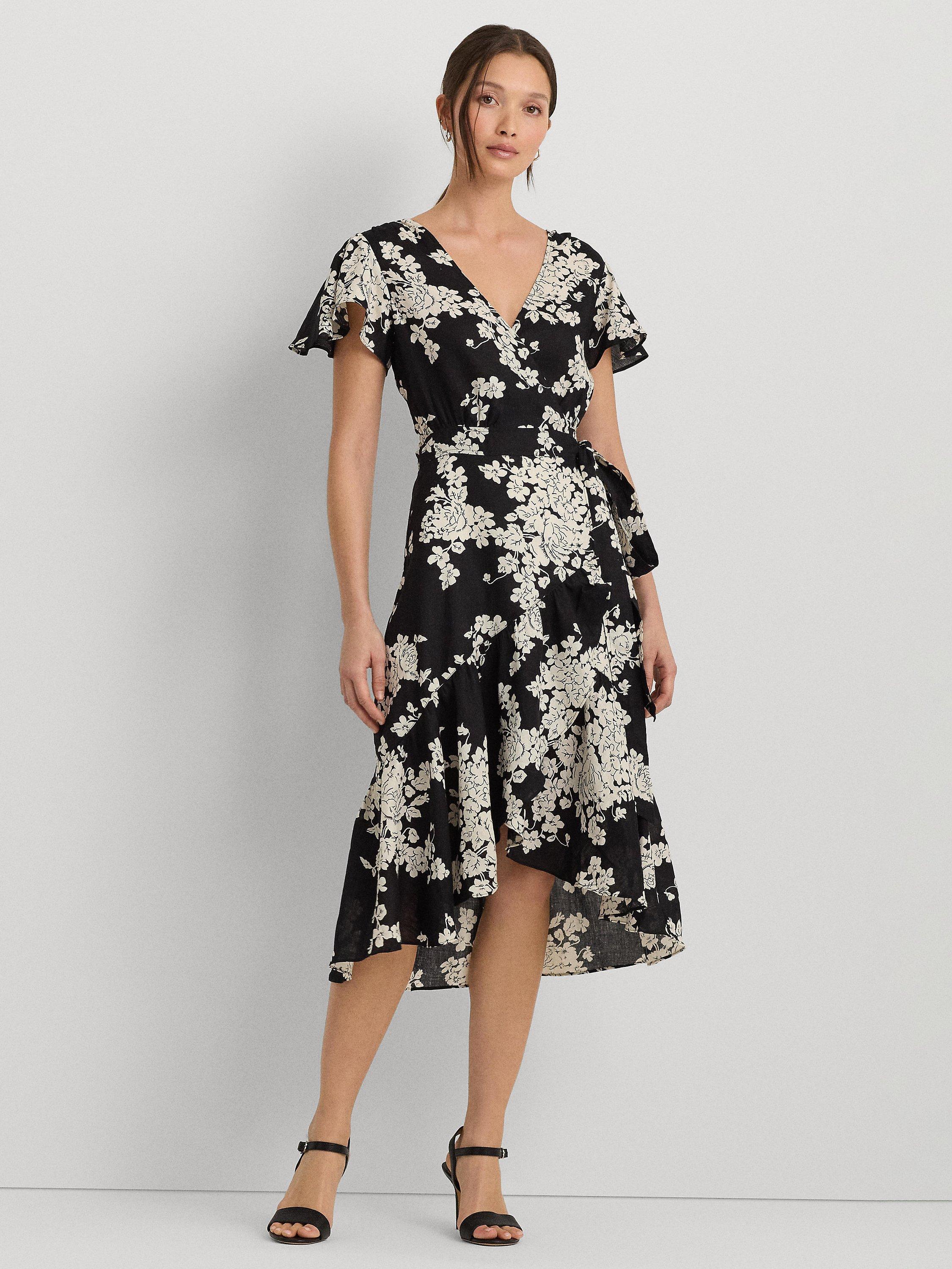 Lauren Ralph Lauren Belforette Rose Print Linen Wrap Dress Black Multi