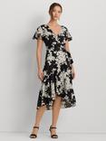 Lauren Ralph Lauren Belforette Rose Print Linen Wrap Dress, Black/Multi