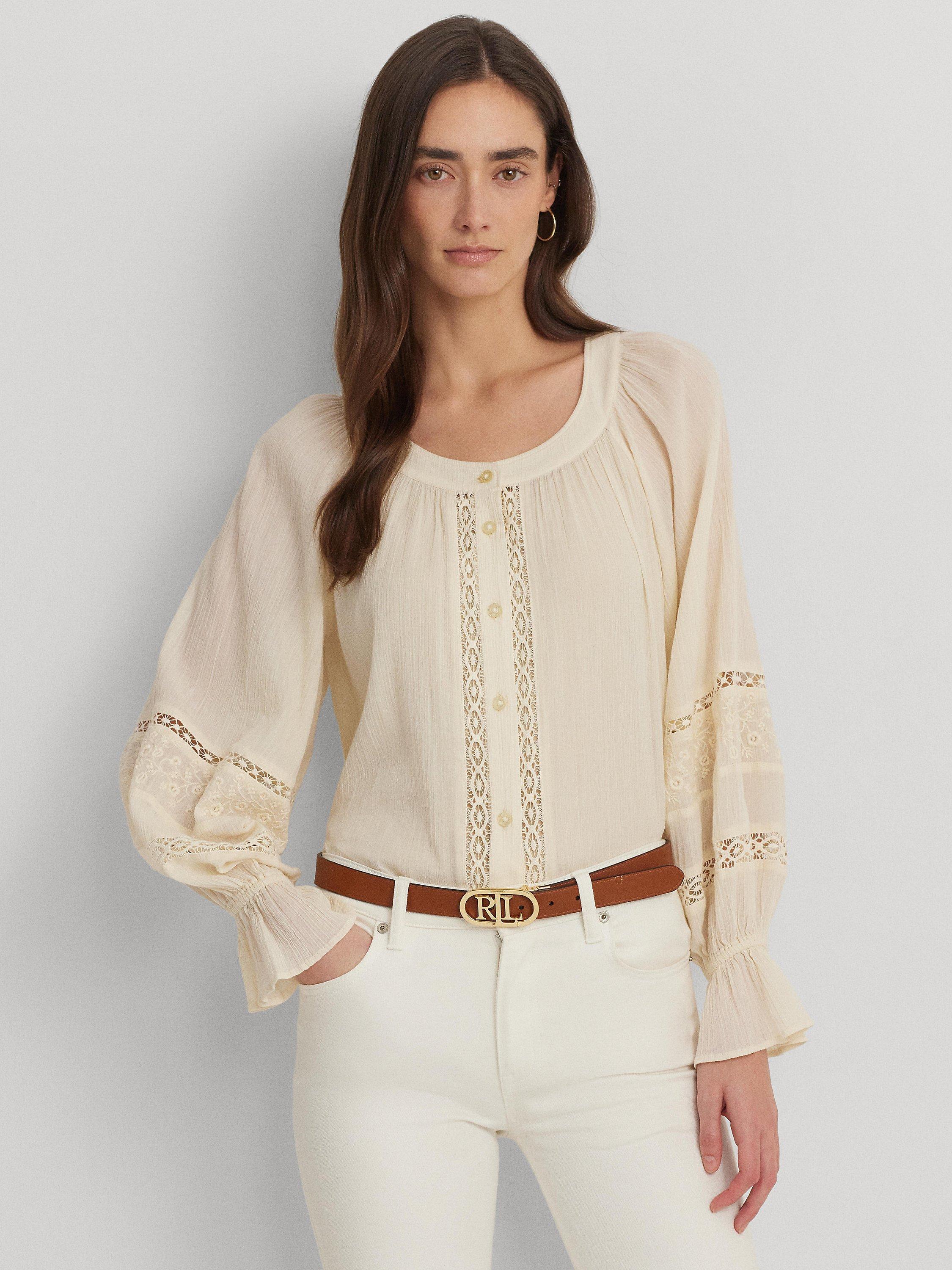 Lauren Ralph Lauren Clayale Embroidered Cotton Blouse, Natural Cream