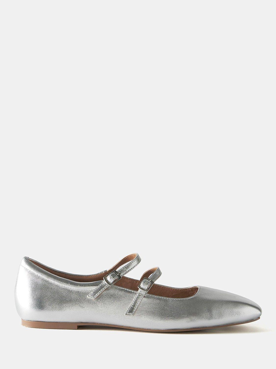 Product image 1 of 5, which shows Mint Velvet Square Toe Leather Ballet Pumps, Silver, 6
