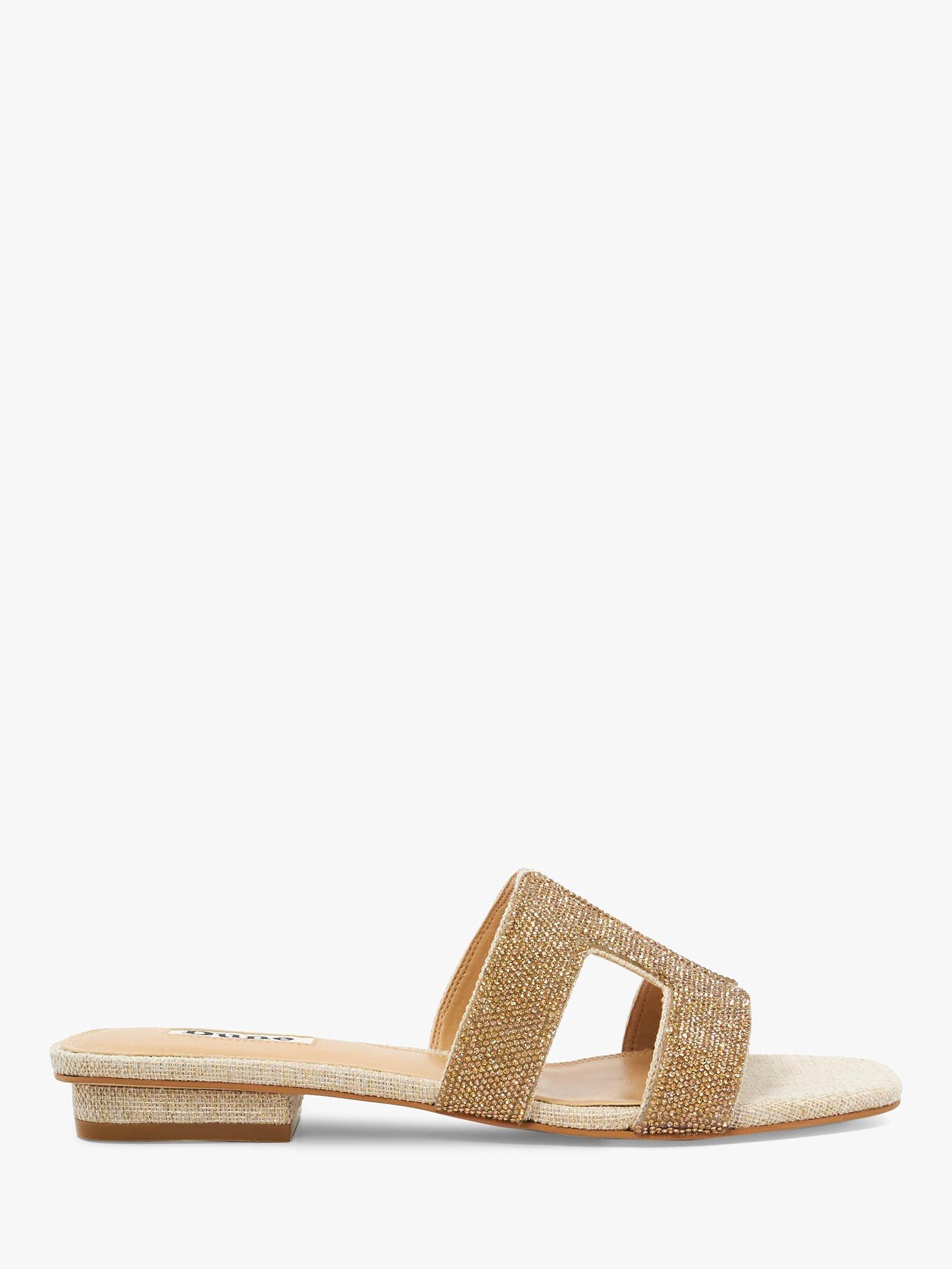 Product image 1 of 6, which shows Dune London Loupe Crystal Embellished Fabric Slider Sandals, Gold, EU39